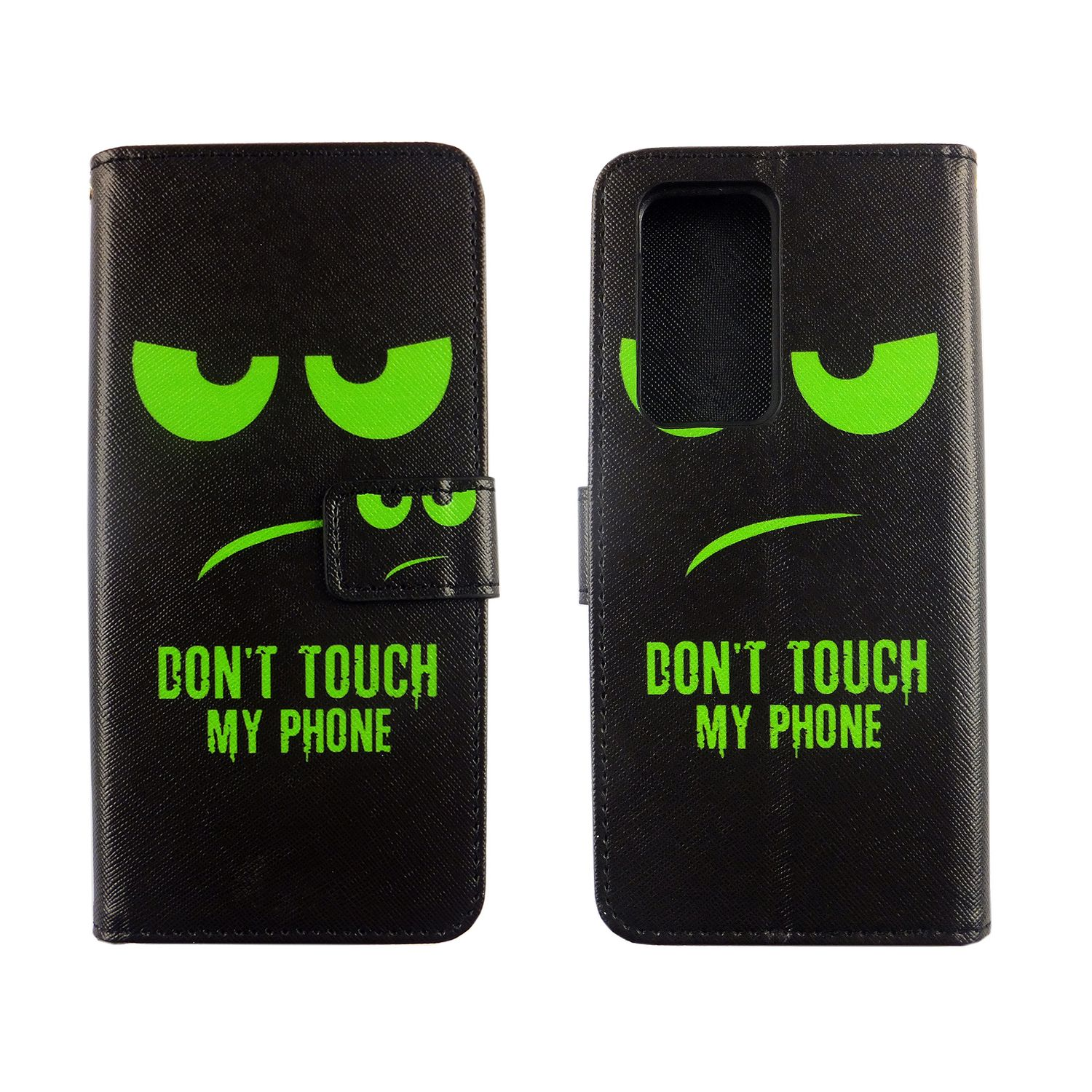 Schwarze Handyhülle mit grünen Augen und dem Text "DON'T TOUCH MY PHONE". Weißer Hintergrund.
