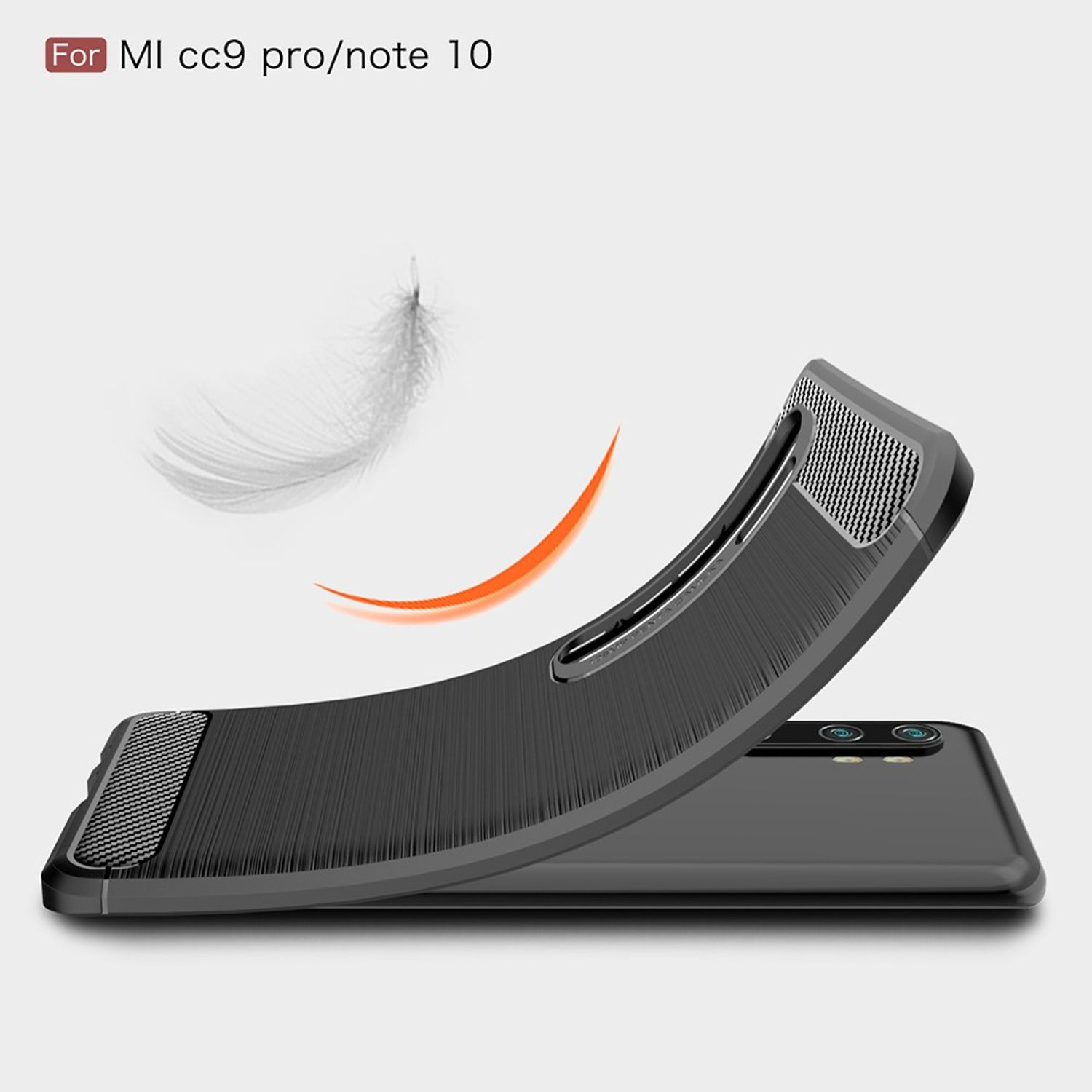 Schwarze Handyhülle gebogen, mit Feder und orangefarbenem Bogen. Text: Für MI cc9 pro/note 10.