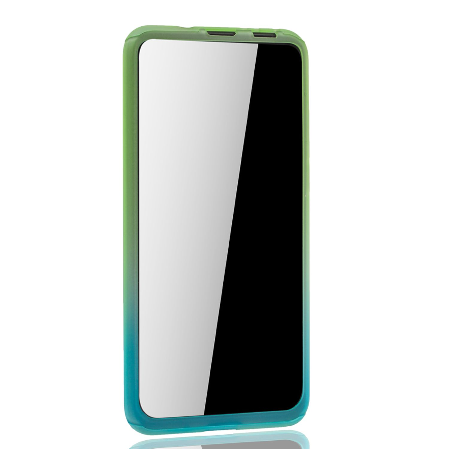 Telefon in einer Handyhülle, Farbverlauf grün zu blau.