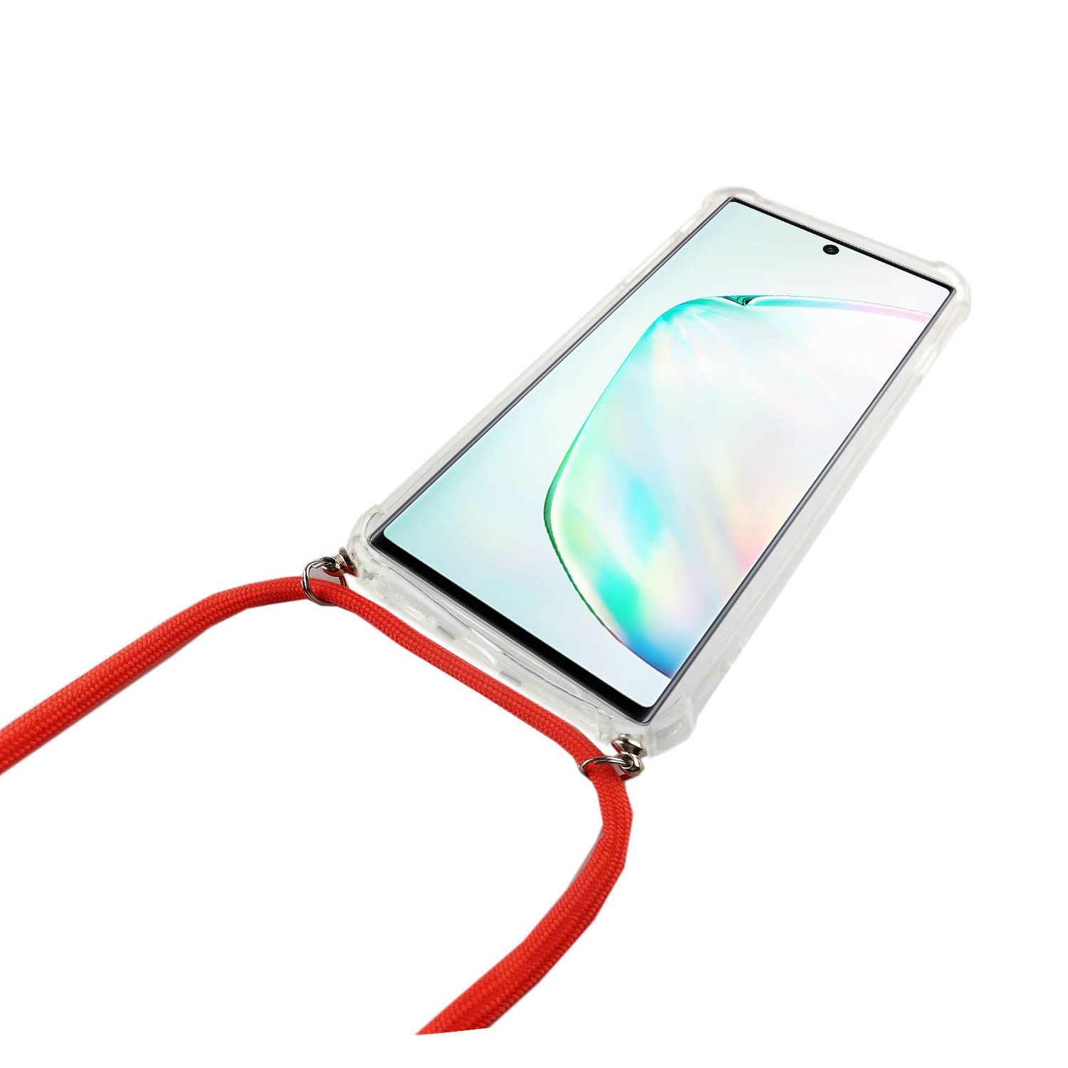 Transparente Handyhülle mit rotem Umhängeband. Das Telefon befindet sich auf weißem Hintergrund. Das Telefon ist nach links geneigt.