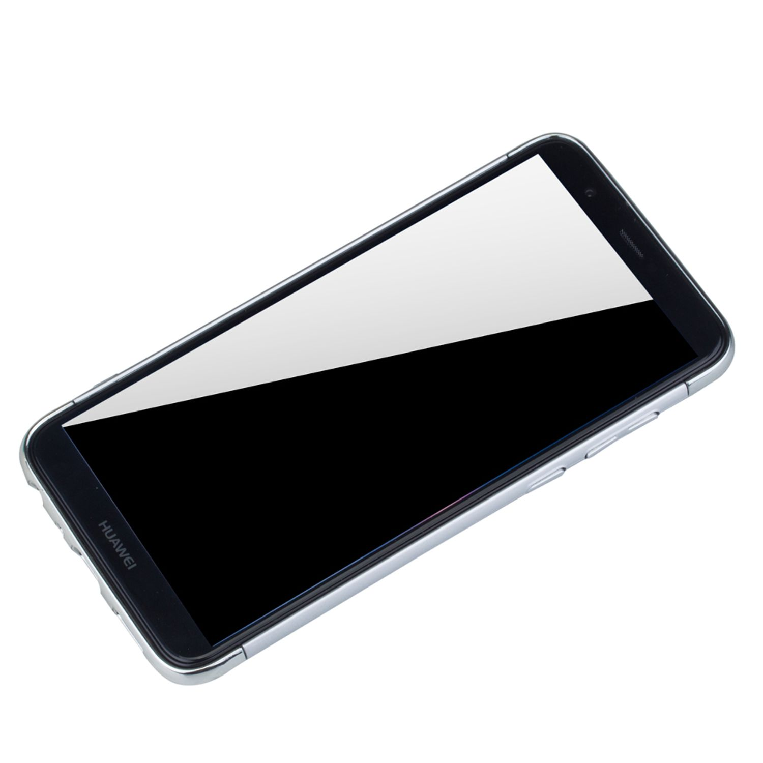 Schwarzes Telefon mit Hülle, schwarzer Bildschirm. Weißer Hintergrund.