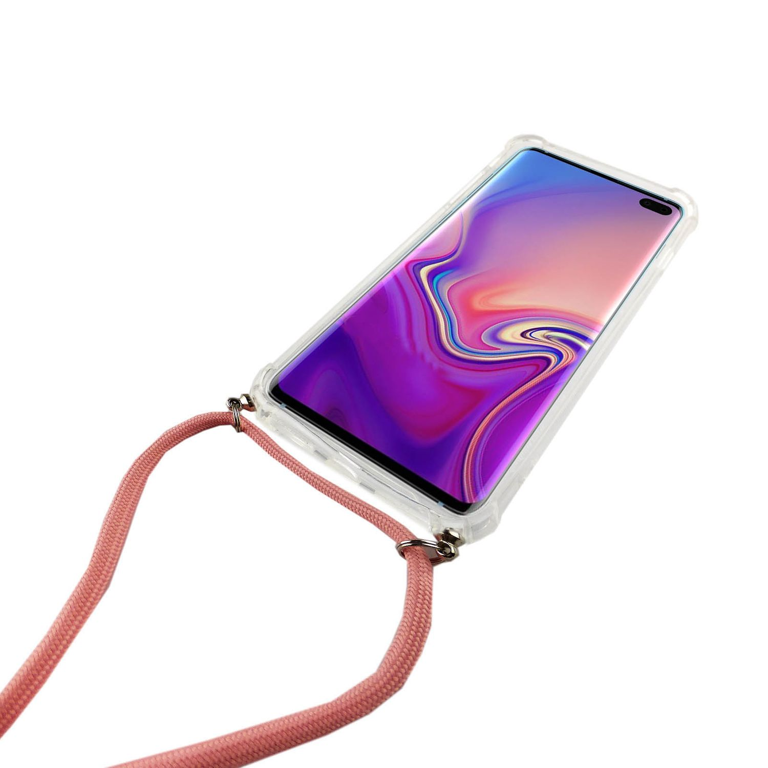 Ein Telefon in einer durchsichtigen Hülle mit rosa Riemen. Der Bildschirm zeigt lila und blaue Farben.