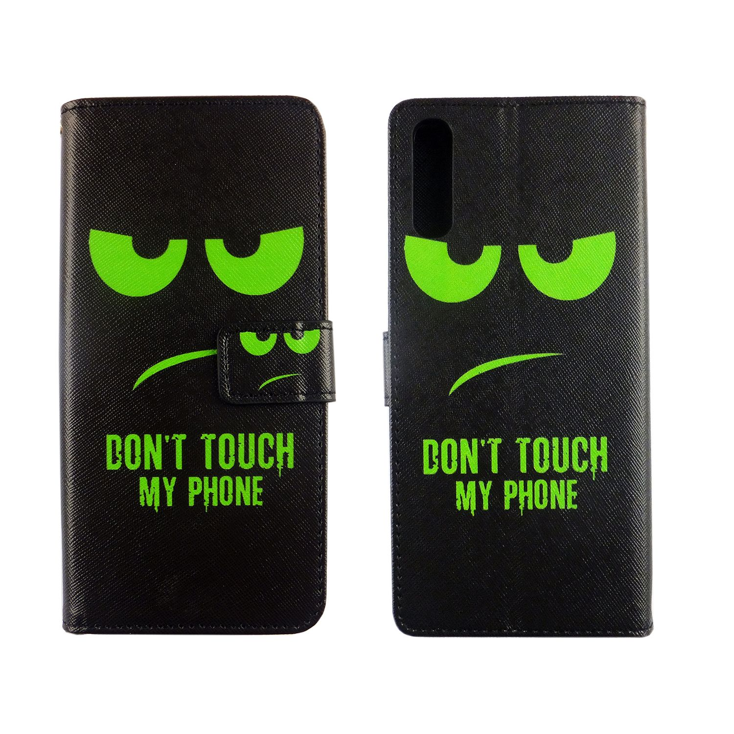 Schwarze Handyhülle mit grünen bösen Augen und dem Text "DON'T TOUCH MY PHONE".