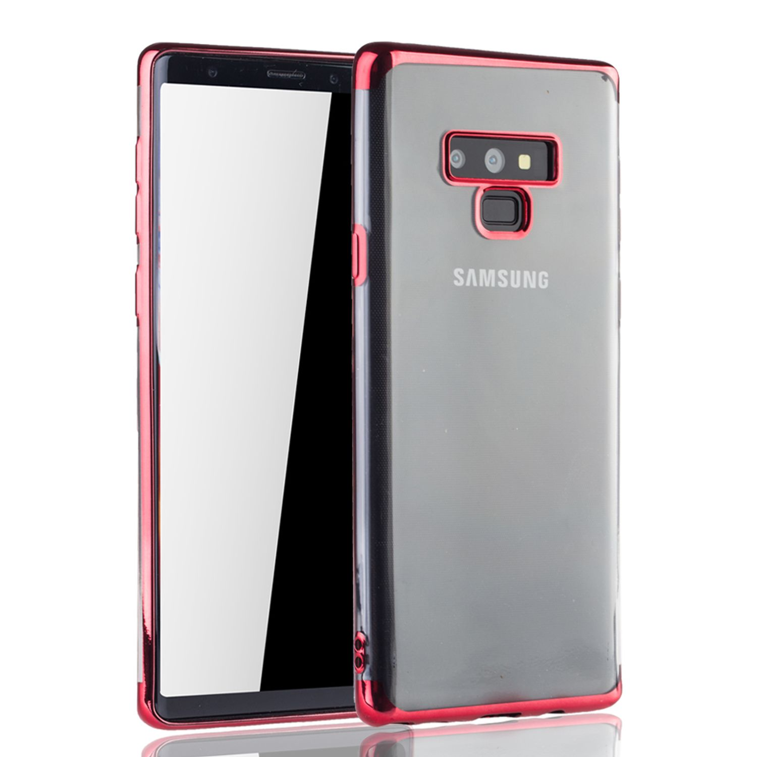 Zwei Telefone in rot umrandeten, transparenten Hüllen. Die Telefone liegen auf weißem Untergrund. Samsung ist sichtbar.