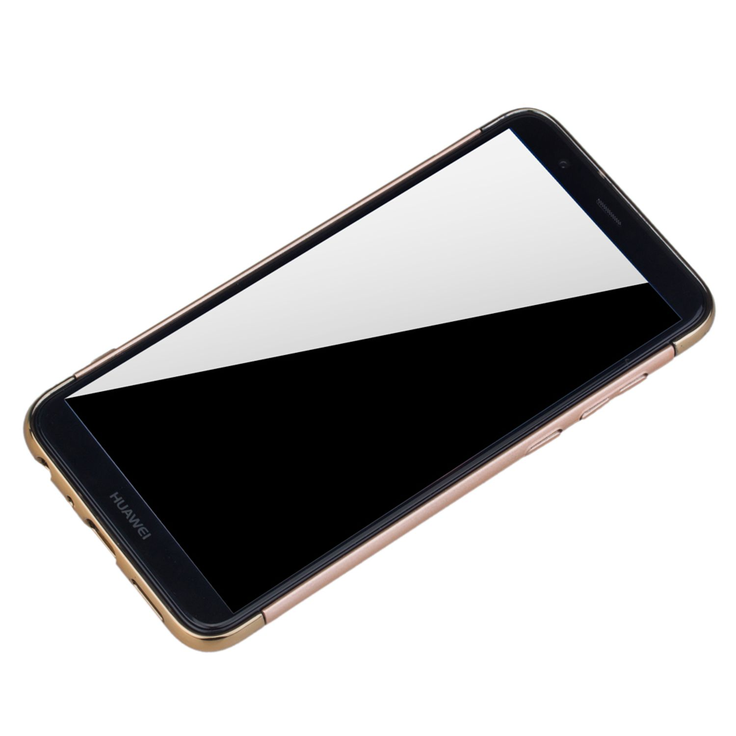 Telefon mit goldenem Rahmen und schwarzem Bildschirm, auf weißer Oberfläche. Der Bildschirm ist eingeschaltet. Huawei-Logo sichtbar.