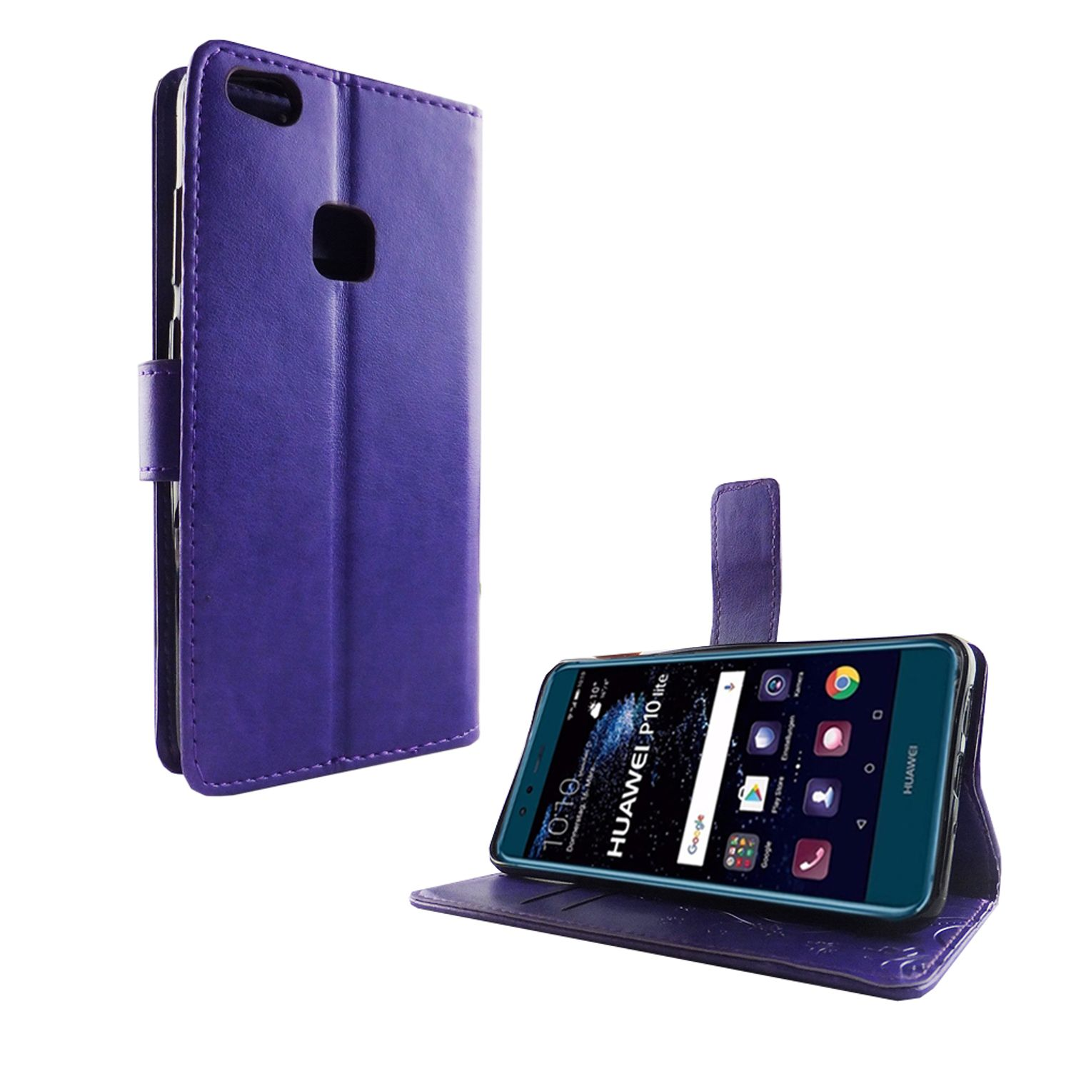 Lila Handyhülle mit Telefon im Inneren. Das Telefon ist geöffnet. Der Hintergrund ist weiß.