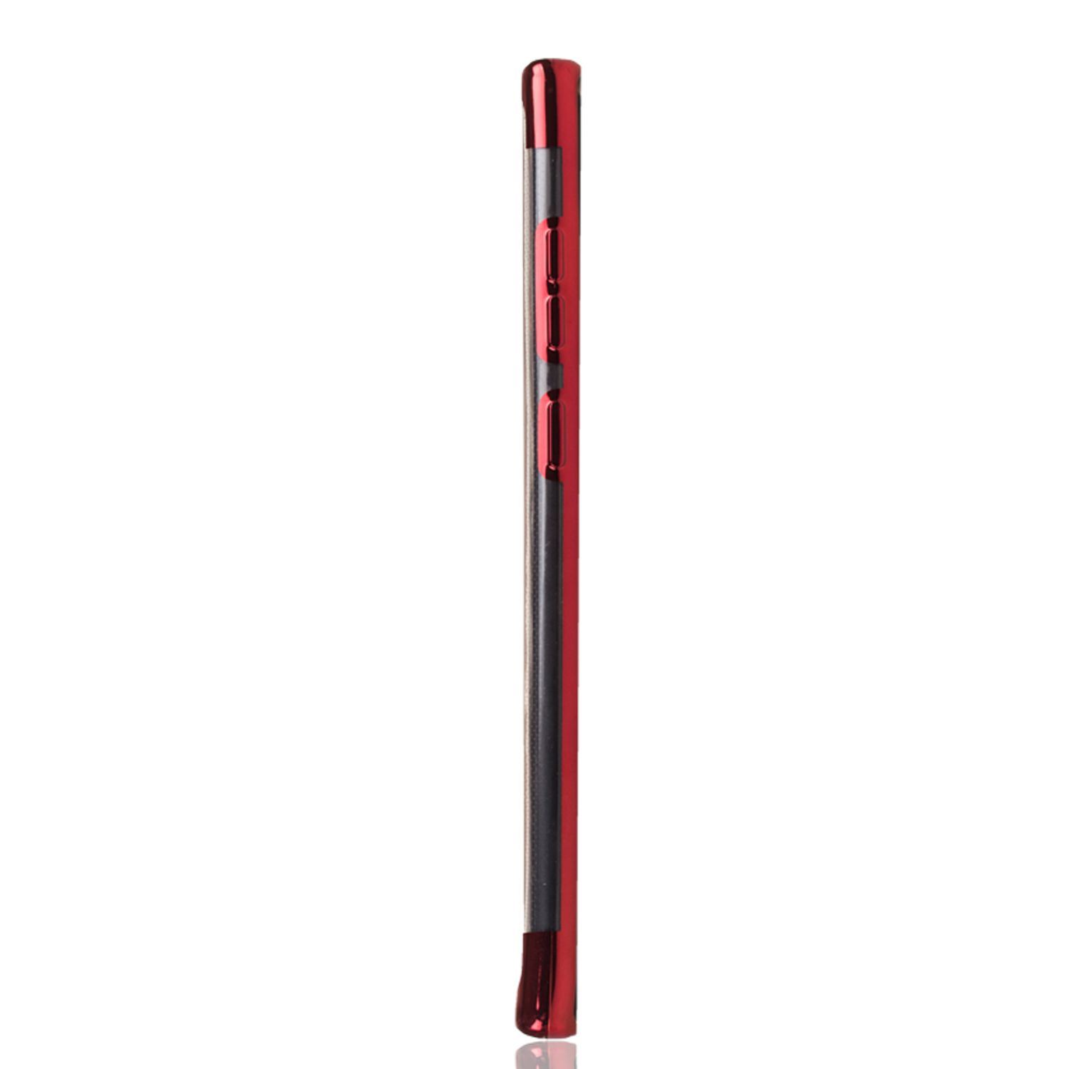Rote Handyhülle Seitenansicht. Schwarzes Innere, rotes Äußere, weißer Hintergrund.