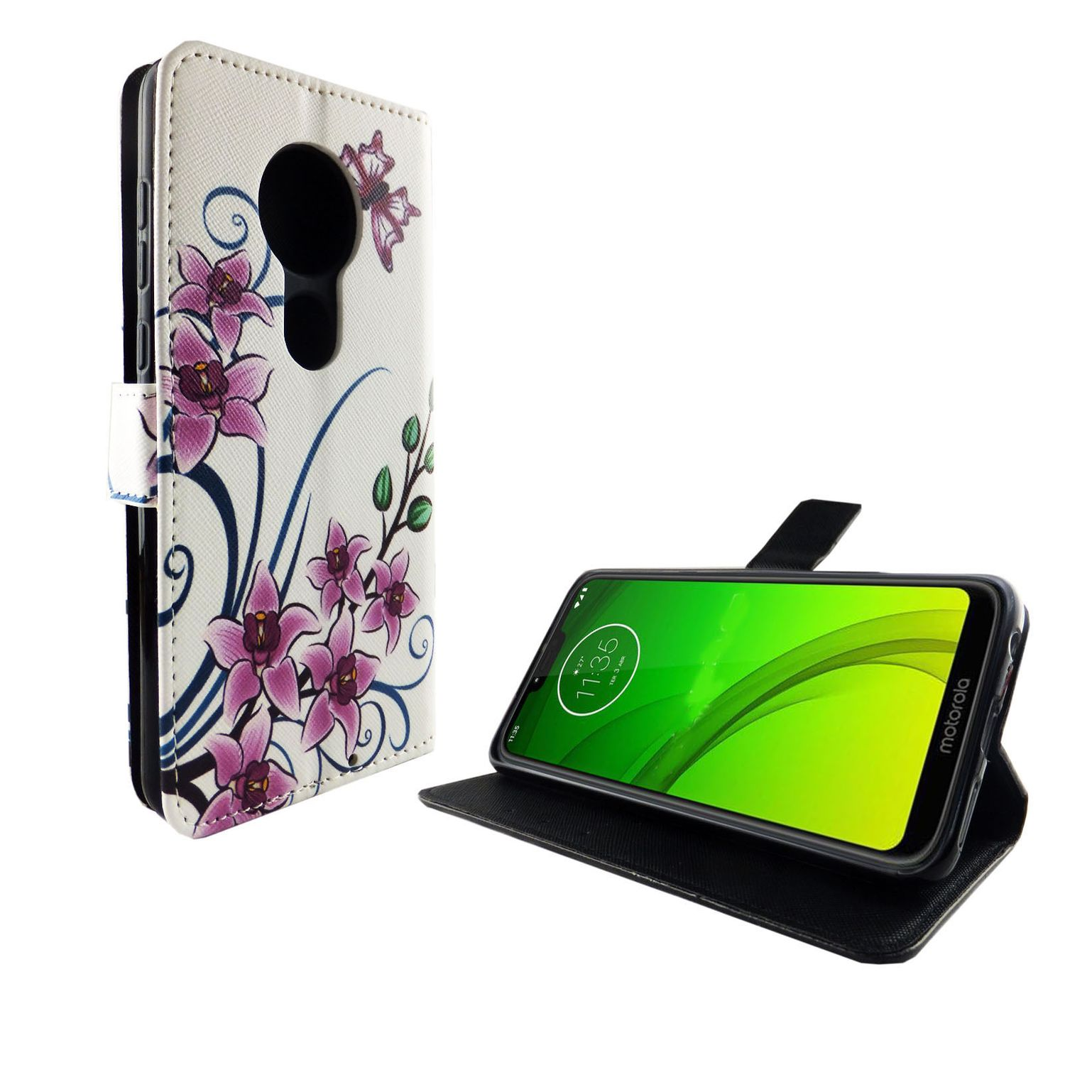 Blumen-Handycase mit einem Telefon, das einen grünen Bildschirm auf weißem Hintergrund zeigt.