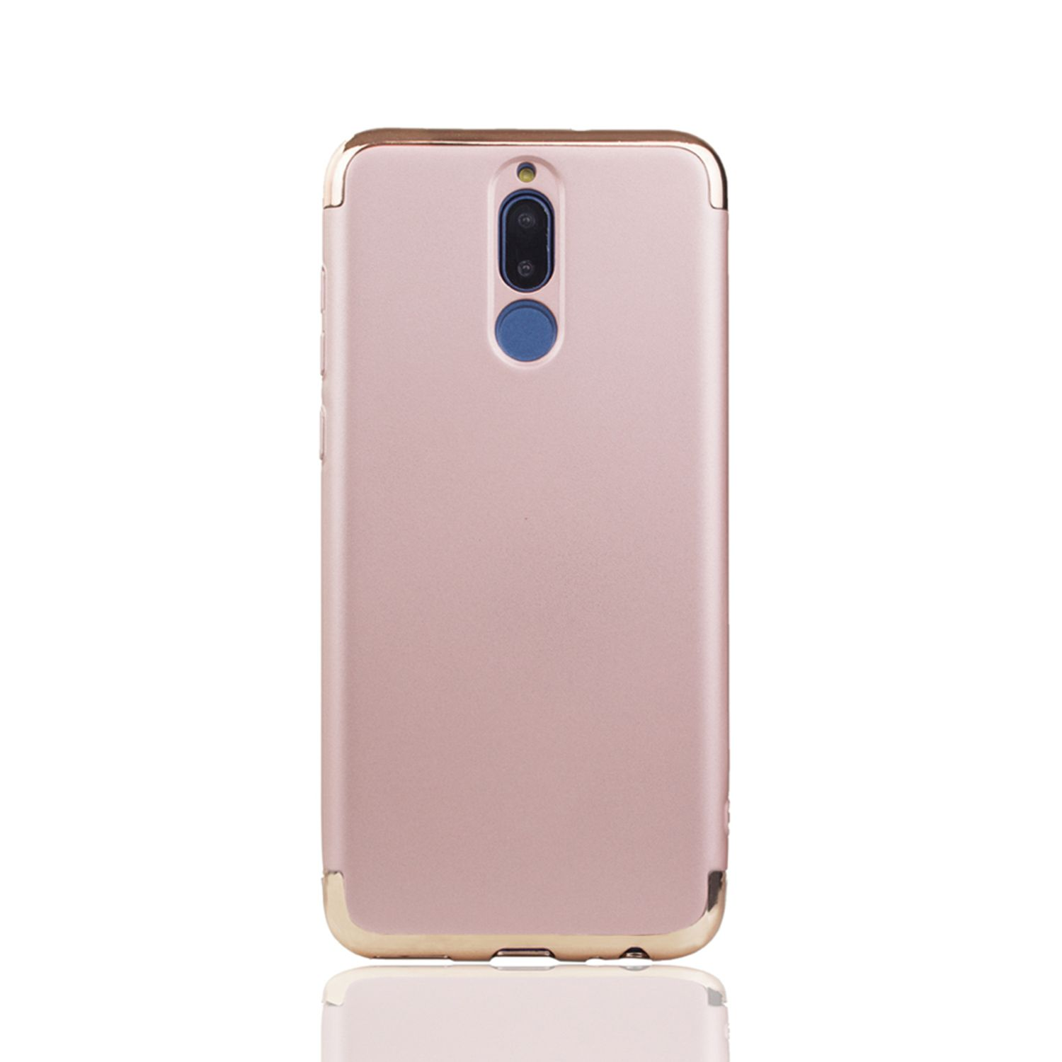 Eine rosa Handyhülle mit goldenen Akzenten und einem Dual-Kamera-Design.