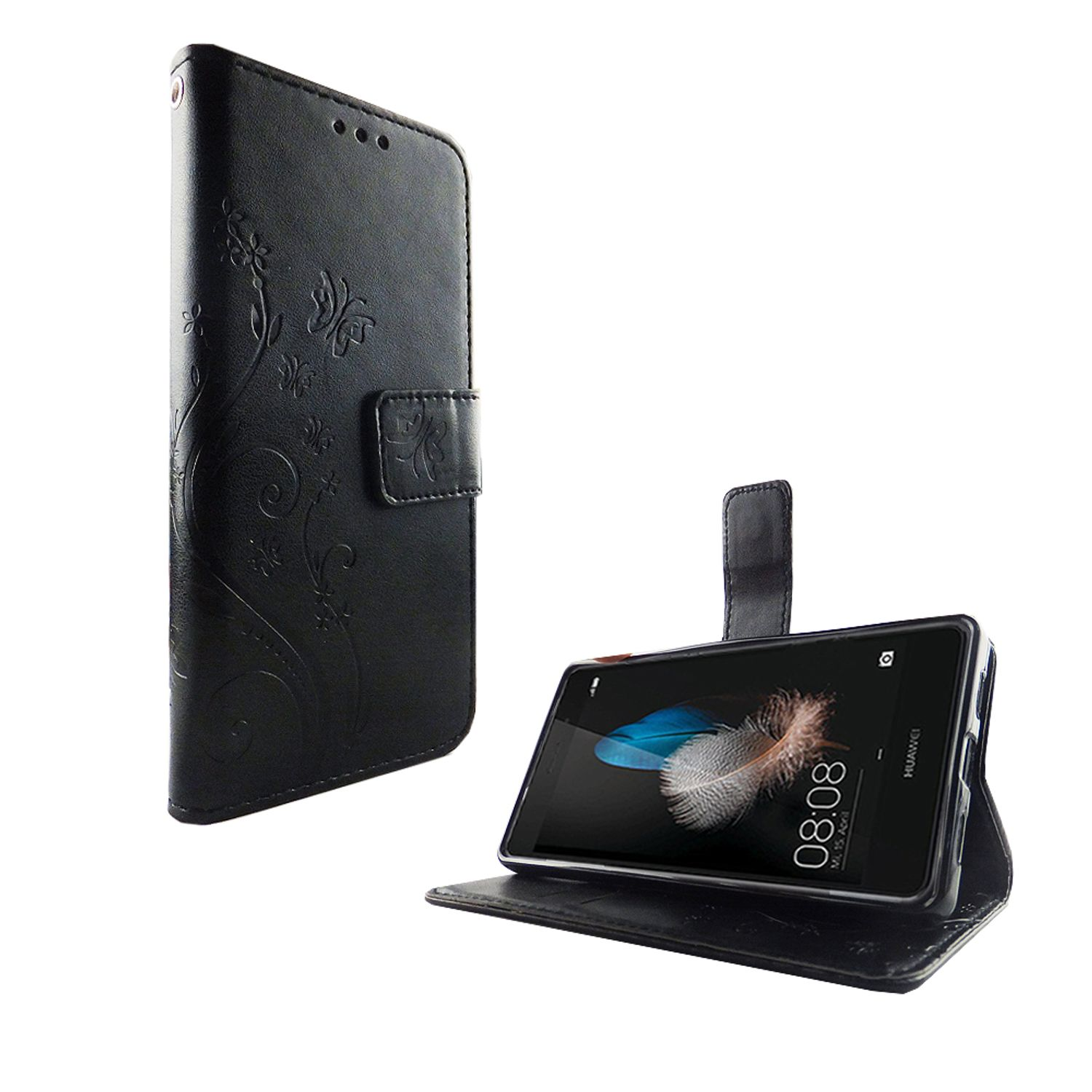 Schwarze Handyhülle mit floralem Muster. Telefon zeigt Zeit und Symbole. Weißer Hintergrund.