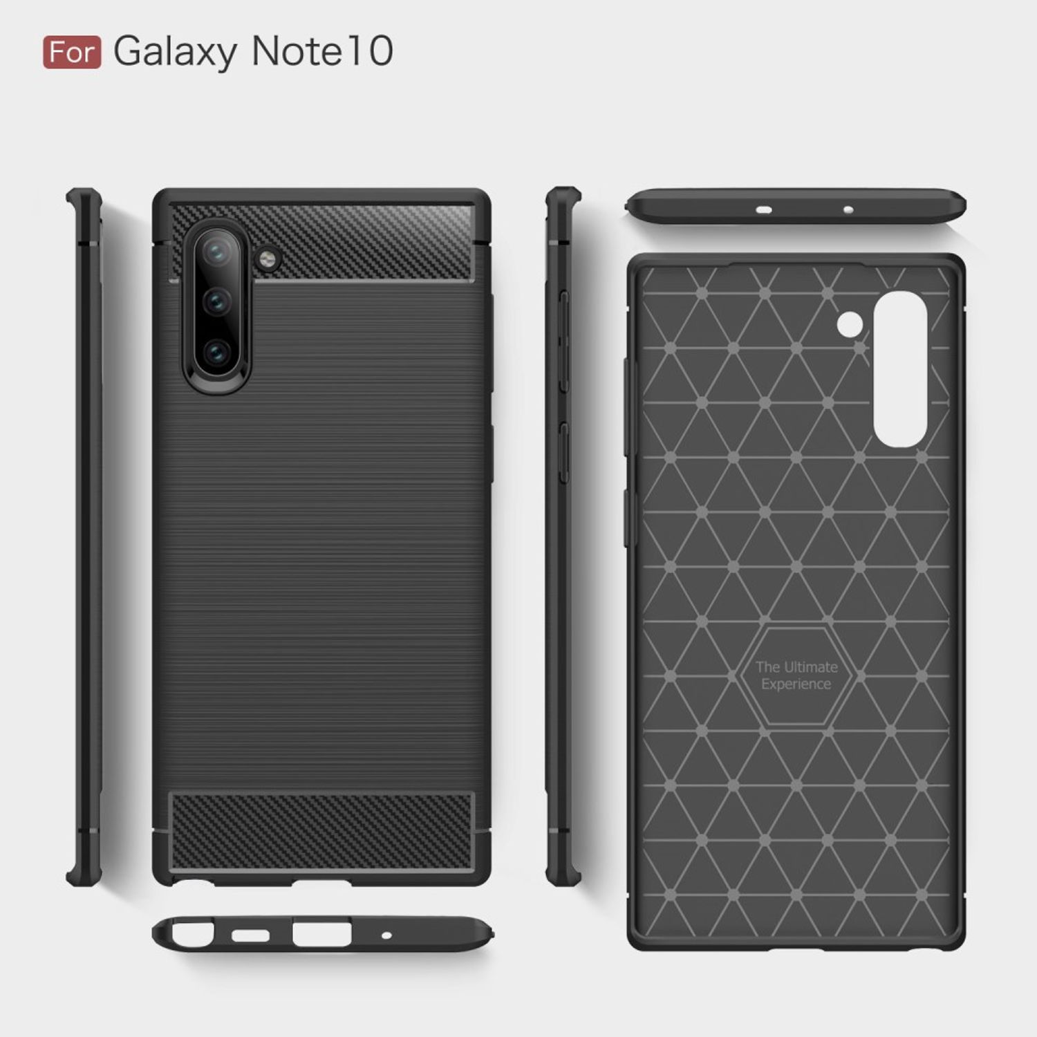 Schwarze Handyhülle mit strukturiertem Design, mehrere Ansichten und Galaxy Note10-Label.