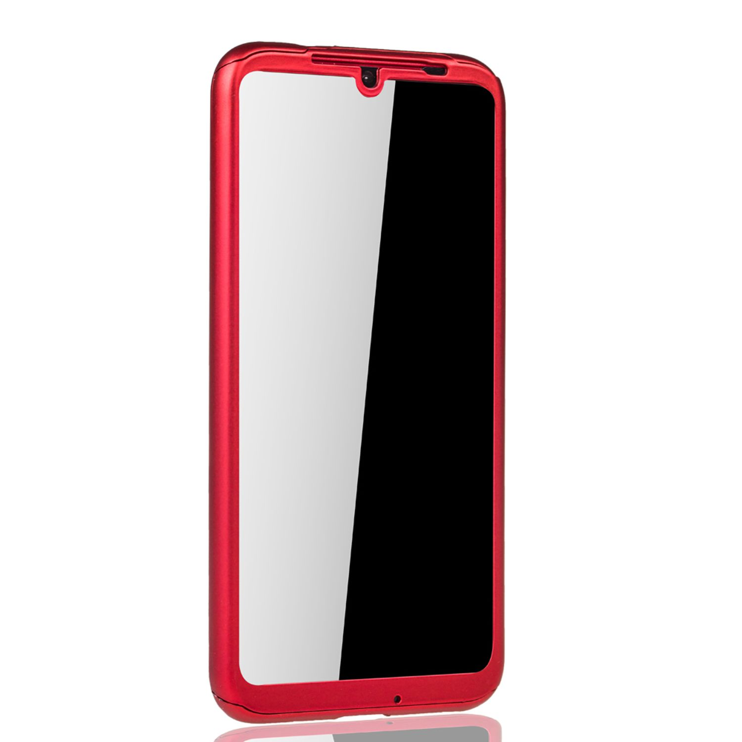 Rotes Smartphone in rotem Rahmen-Gehäuse mit schwarzem Bildschirm, vor weißem Hintergrund.