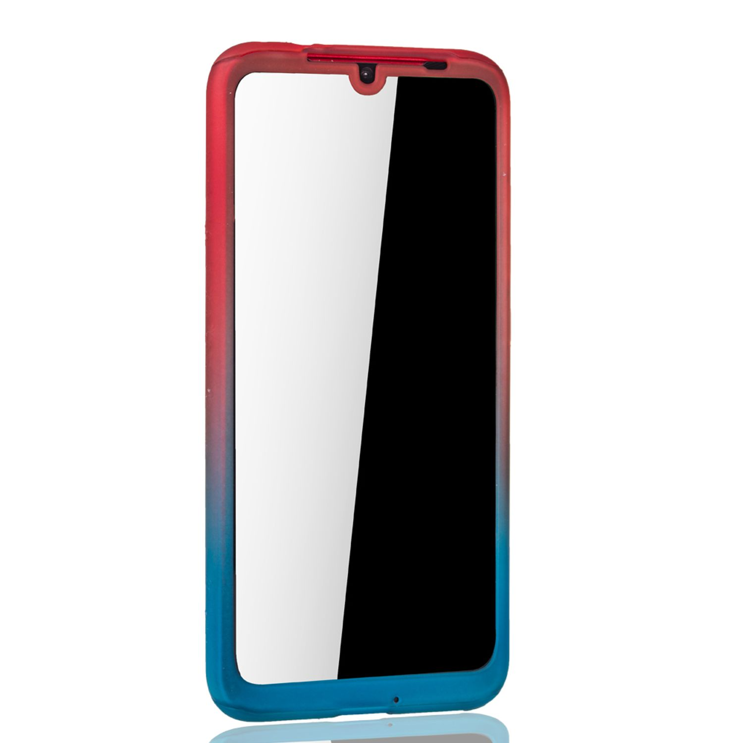 Smartphone mit Displayschutz. Rahmen rot, blau, mit weißem Bildschirm und schwarzer Anzeige.