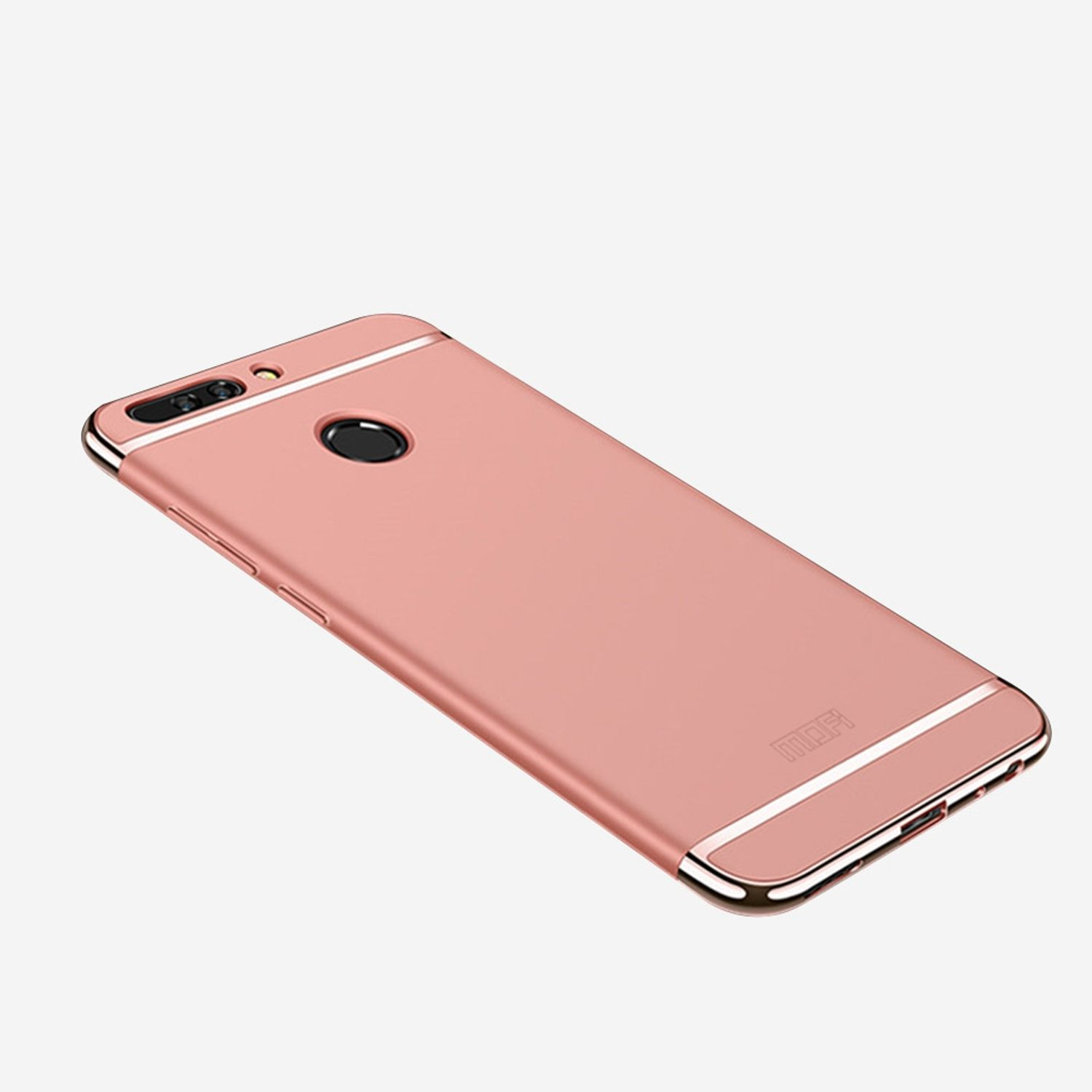 Roségoldene Handyhülle auf weißem Hintergrund mit Kameraöffnung und Text 'MOFI'.
