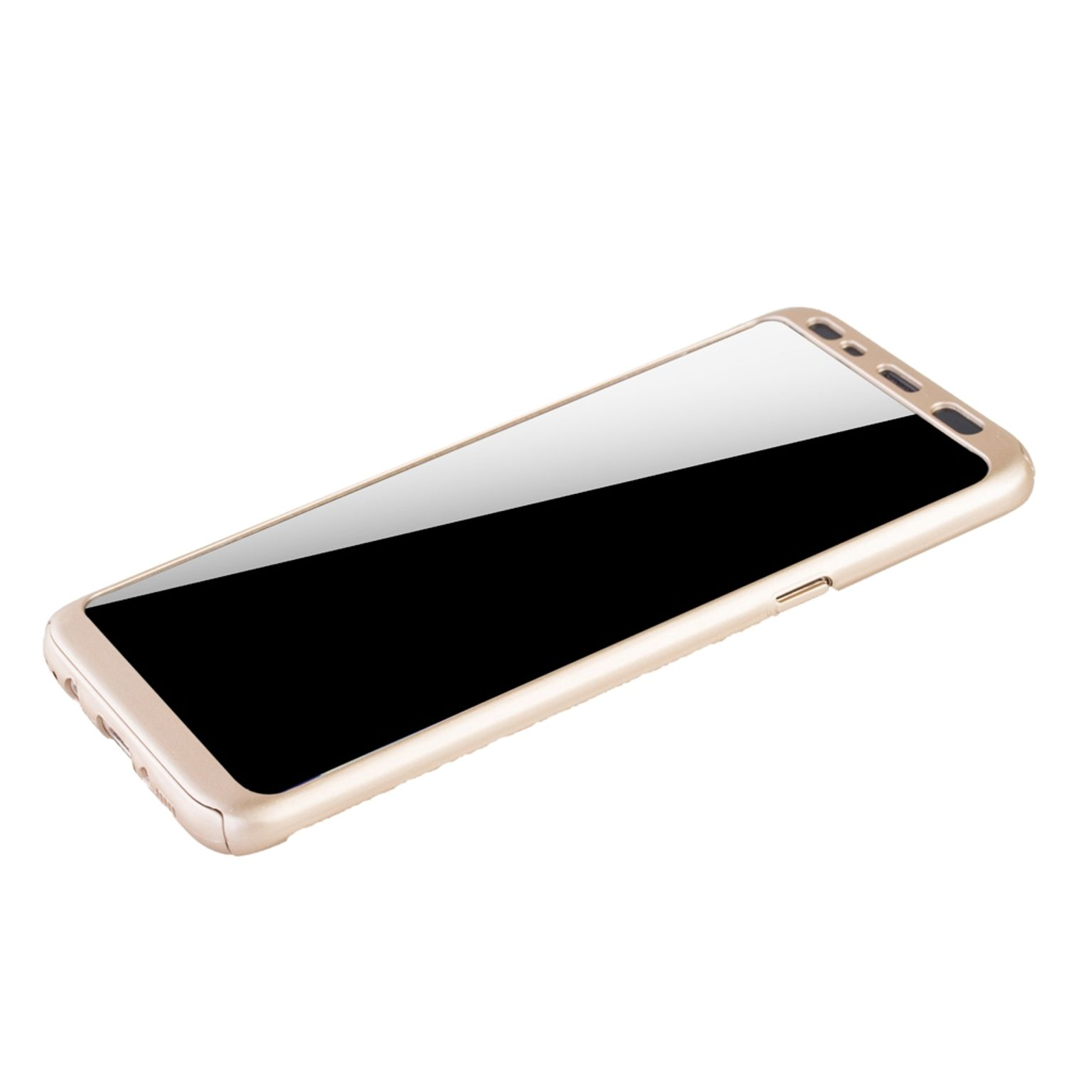 Ein Telefon mit schwarzem Bildschirm ist auf weißem Hintergrund angewinkelt. Das Gehäuse ist gold.
