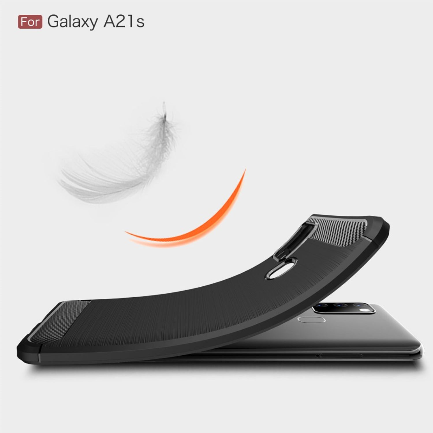 Eine schwarze Handyhülle mit Telefon darin. Eine schwarze Feder und eine orange Form schweben darüber.
