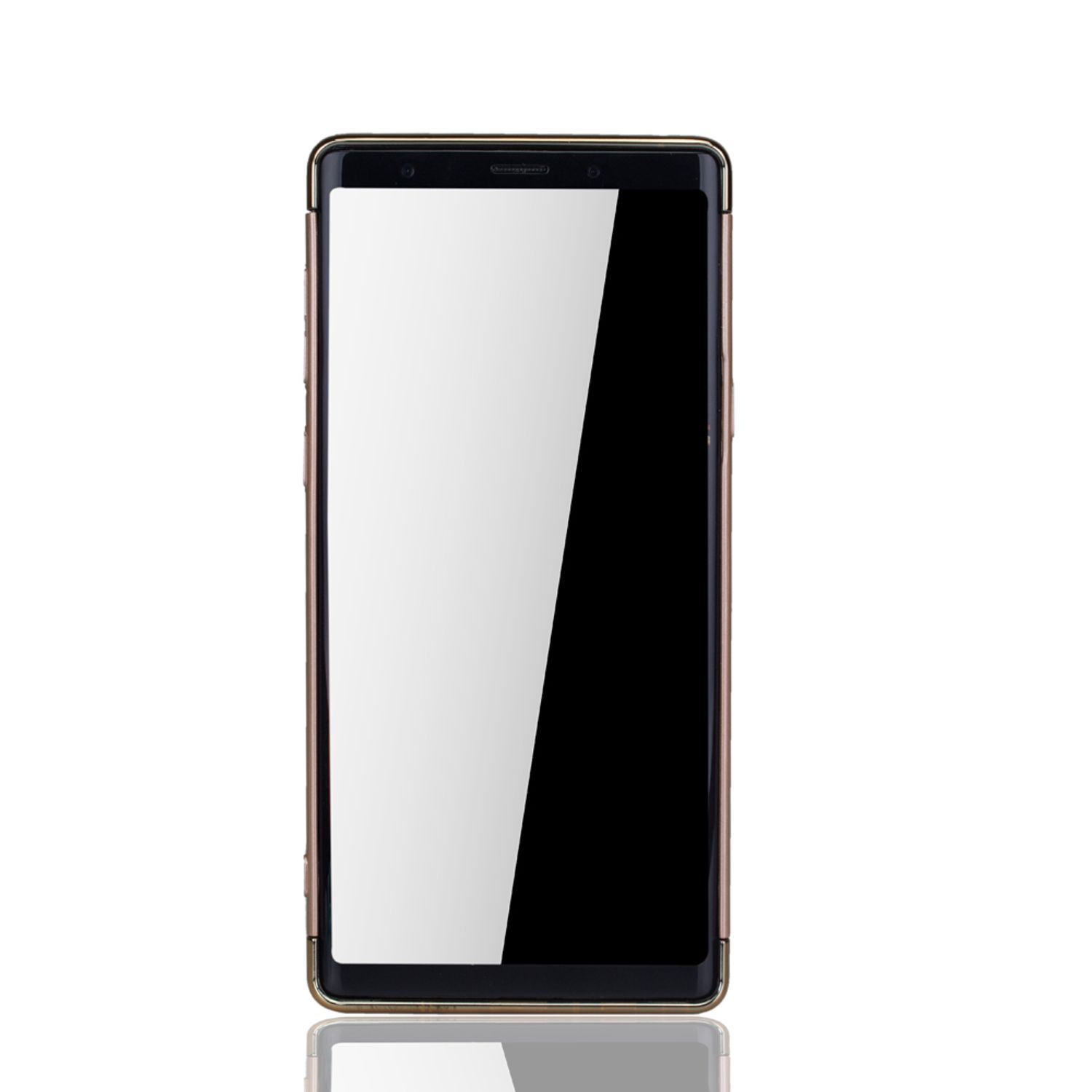 Ein goldenes Telefon mit schwarzem Bildschirm wird gezeigt. Das Telefon befindet sich auf weißem Hintergrund.