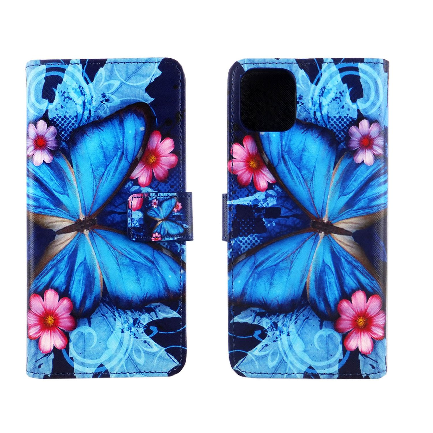 Blaue Handyhülle mit Schmetterlingsmuster. Das Design zeigt Schmetterlinge und rosa Blumen auf blauem Hintergrund.