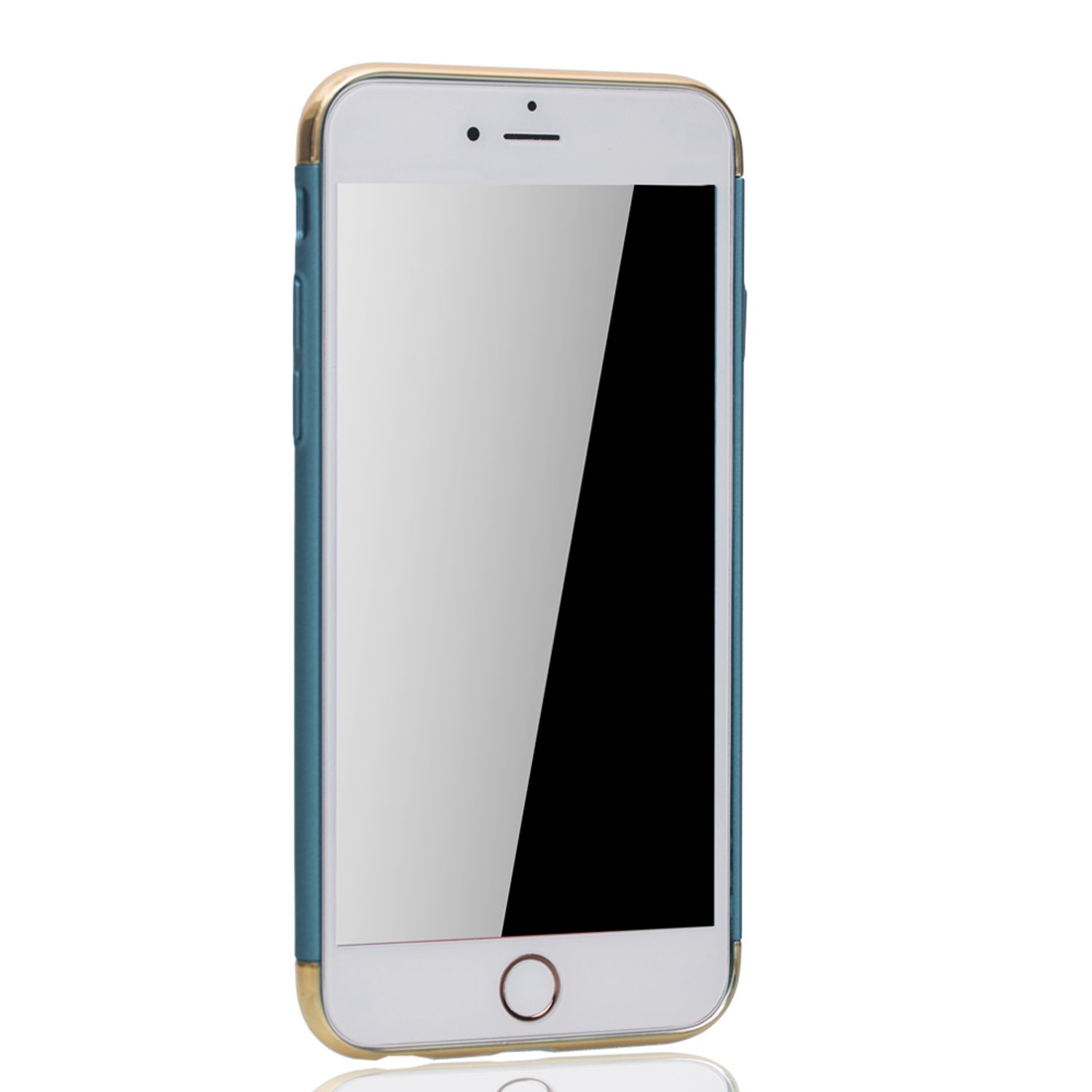 Weißes Telefon mit blau-goldener Hülle. Das Telefon liegt auf einer weißen Oberfläche. Der Bildschirm ist sichtbar.