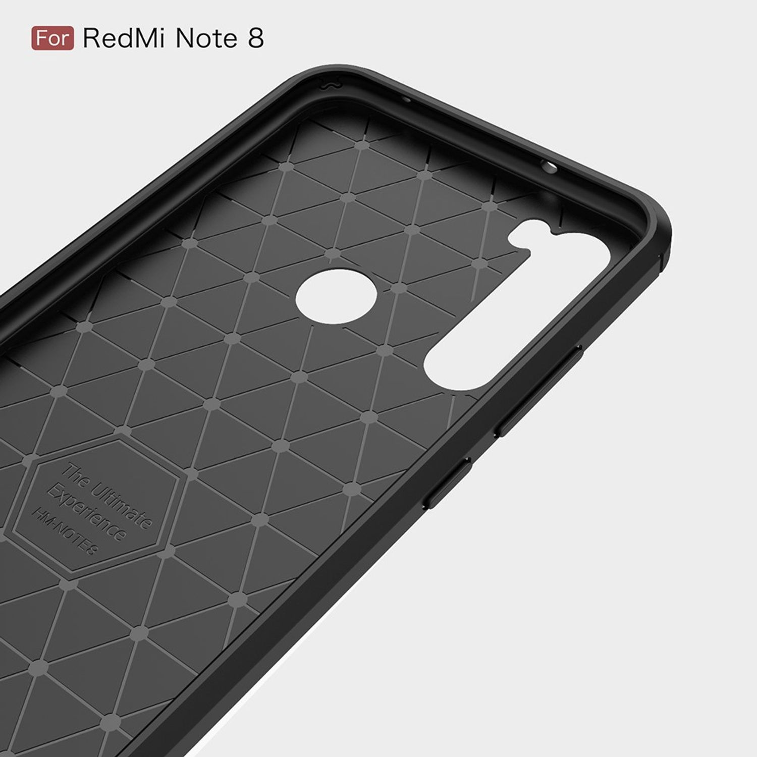 Schwarze Handyhülle innen mit Muster, weißer Hintergrund. Für Redmi Note 8.