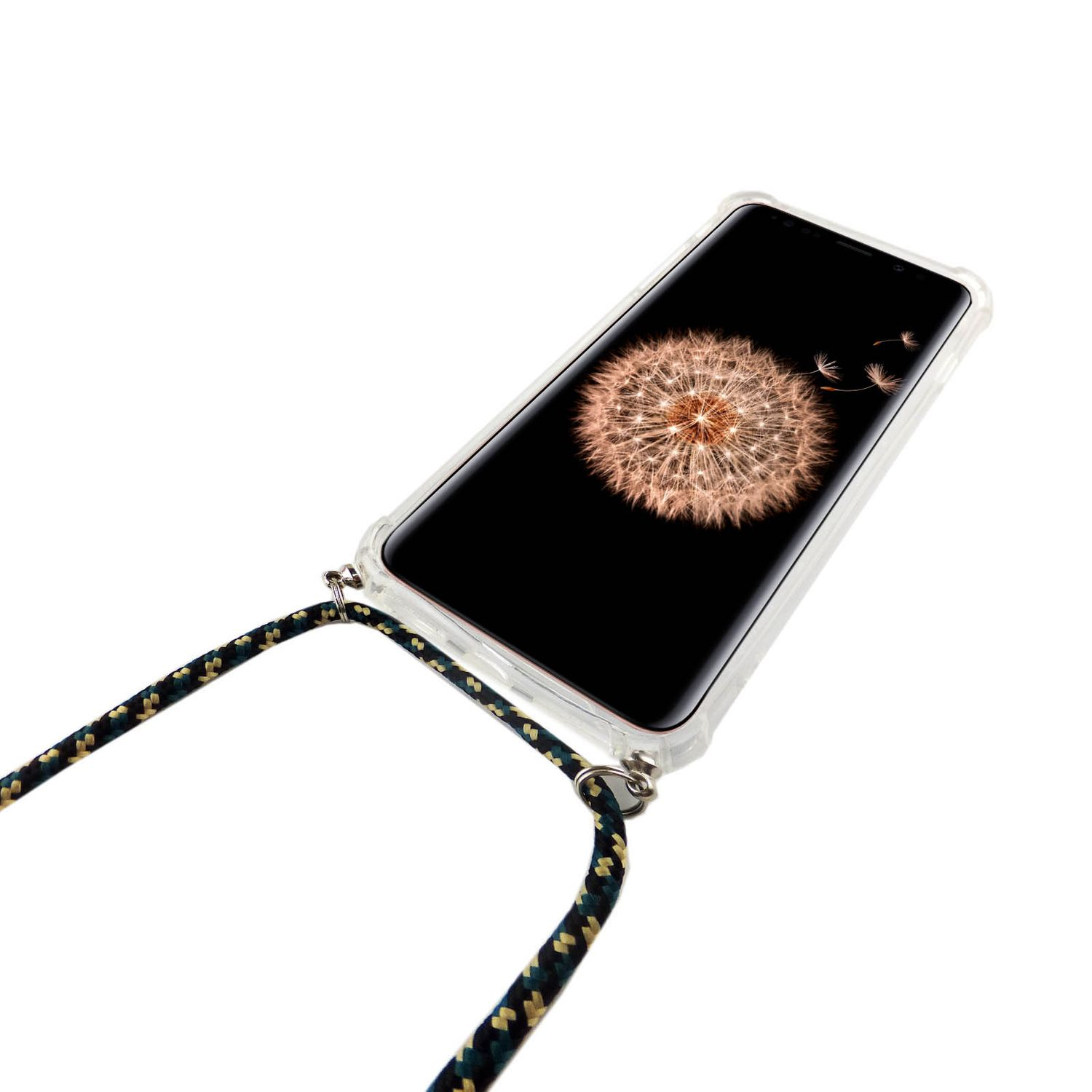 Telefon mit schwarzem Bildschirm und Pusteblumen-Grafik, transparente Hülle und gemusterter Gurt.