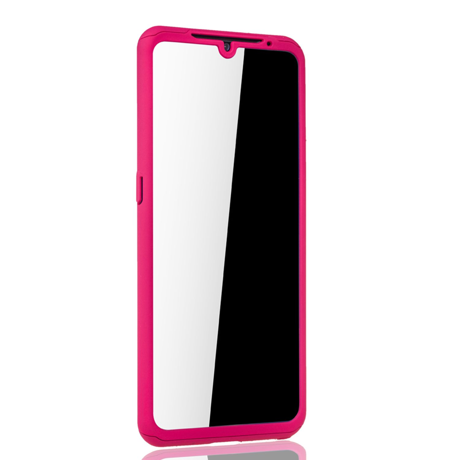 Pinke Handyhülle und Telefon, das Telefon ist vor der Hülle. Weißer Hintergrund. Der Bildschirm ist sichtbar.