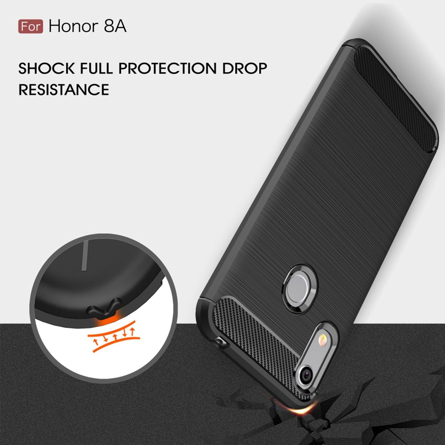 Schwarze Handyhülle für Honor 8A. Text sagt 'SHOCK FULL PROTECTION DROP RESISTANCE'.