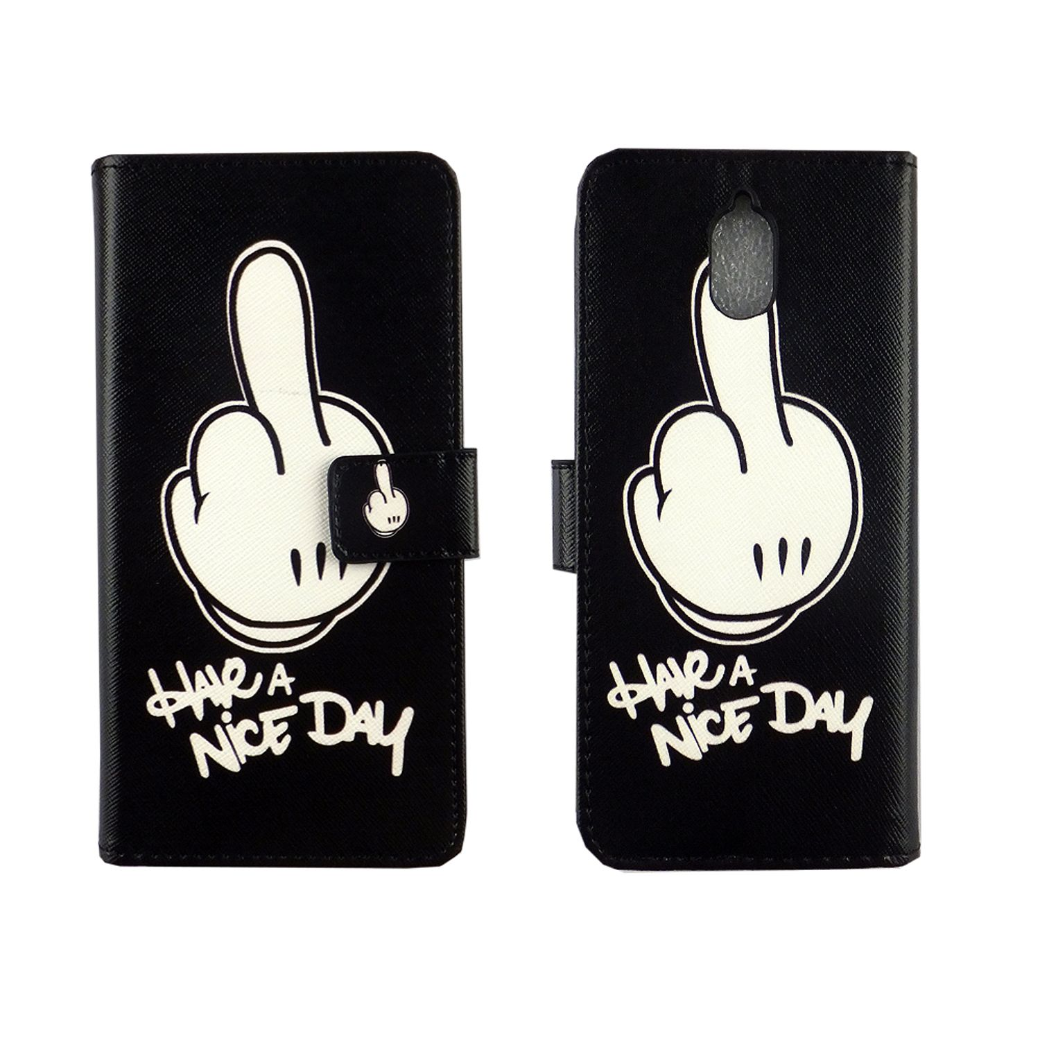 Handyhülle mit Mickey Mouse Hand zeigt Mittelfinger, schwarzer Hintergrund.