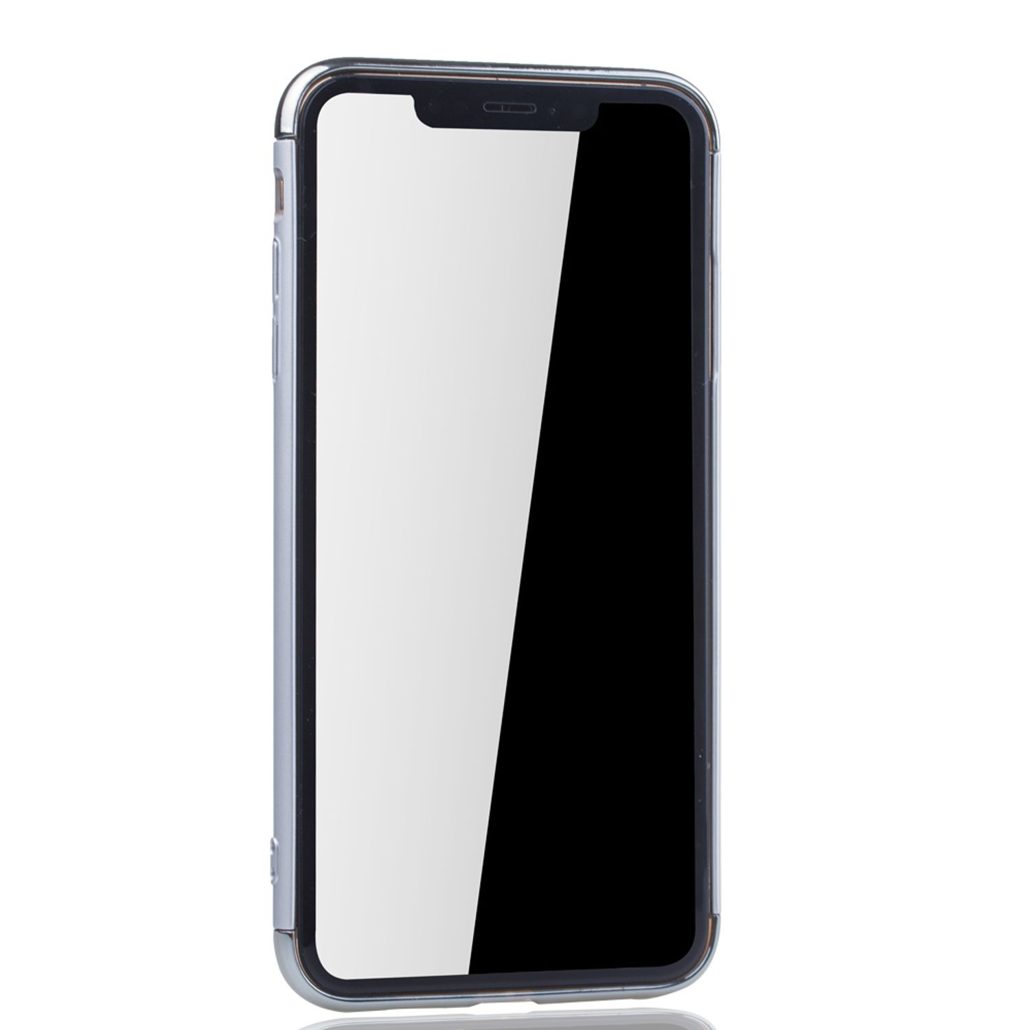 iPhone mit silberner Hülle, Bildschirm an, weißer Hintergrund.