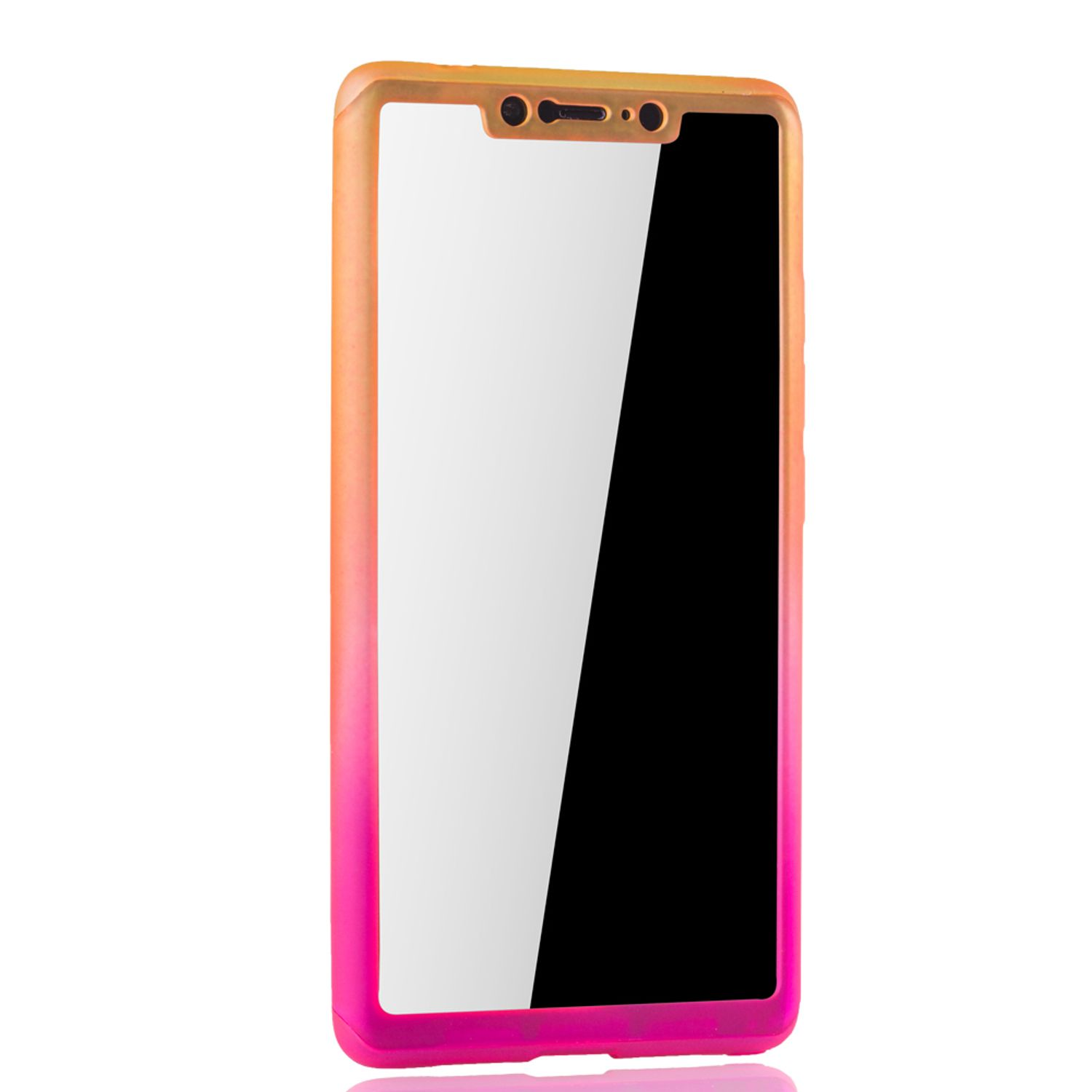 Handyhülle mit rosa-orangefarbenem Farbverlauf. Weißer Hintergrund. Das Telefon ist drin.