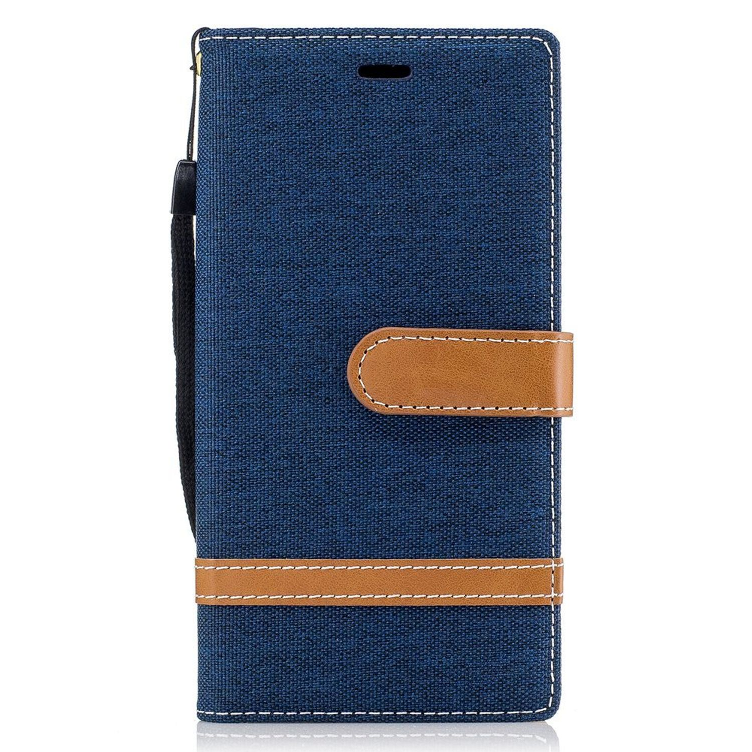 Blaue Handyhülle mit braunen Akzenten und Riemen.