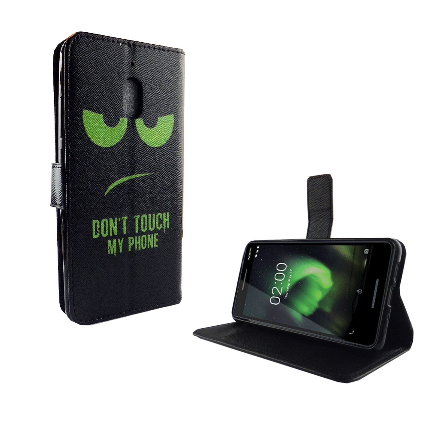 Schwarze Handyhülle mit wütendem Gesicht und 'Don't Touch My Phone'. Telefon offen innen.