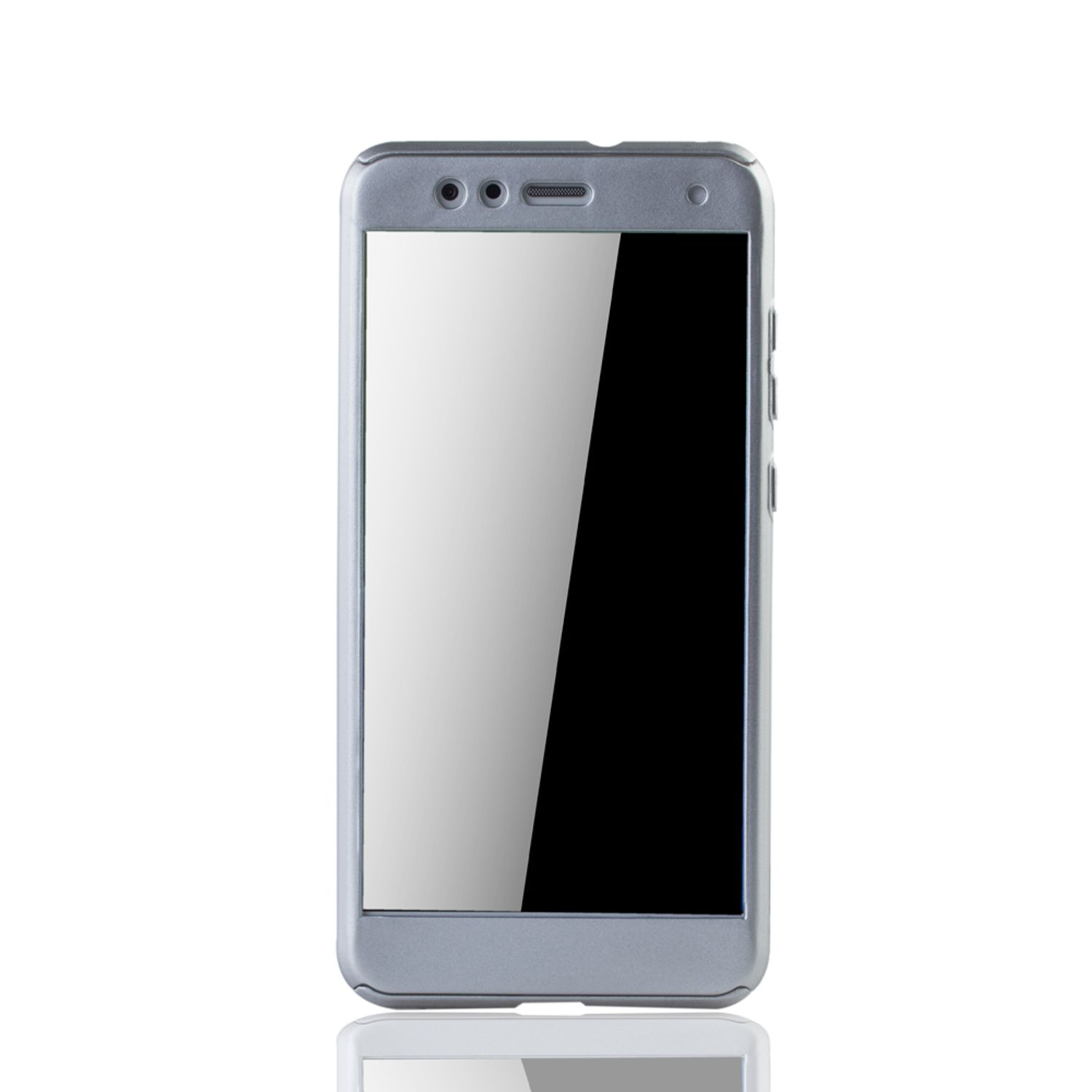 Ein silbernes Telefon mit leerem Bildschirm. Auf einer weißen Oberfläche reflektiert.