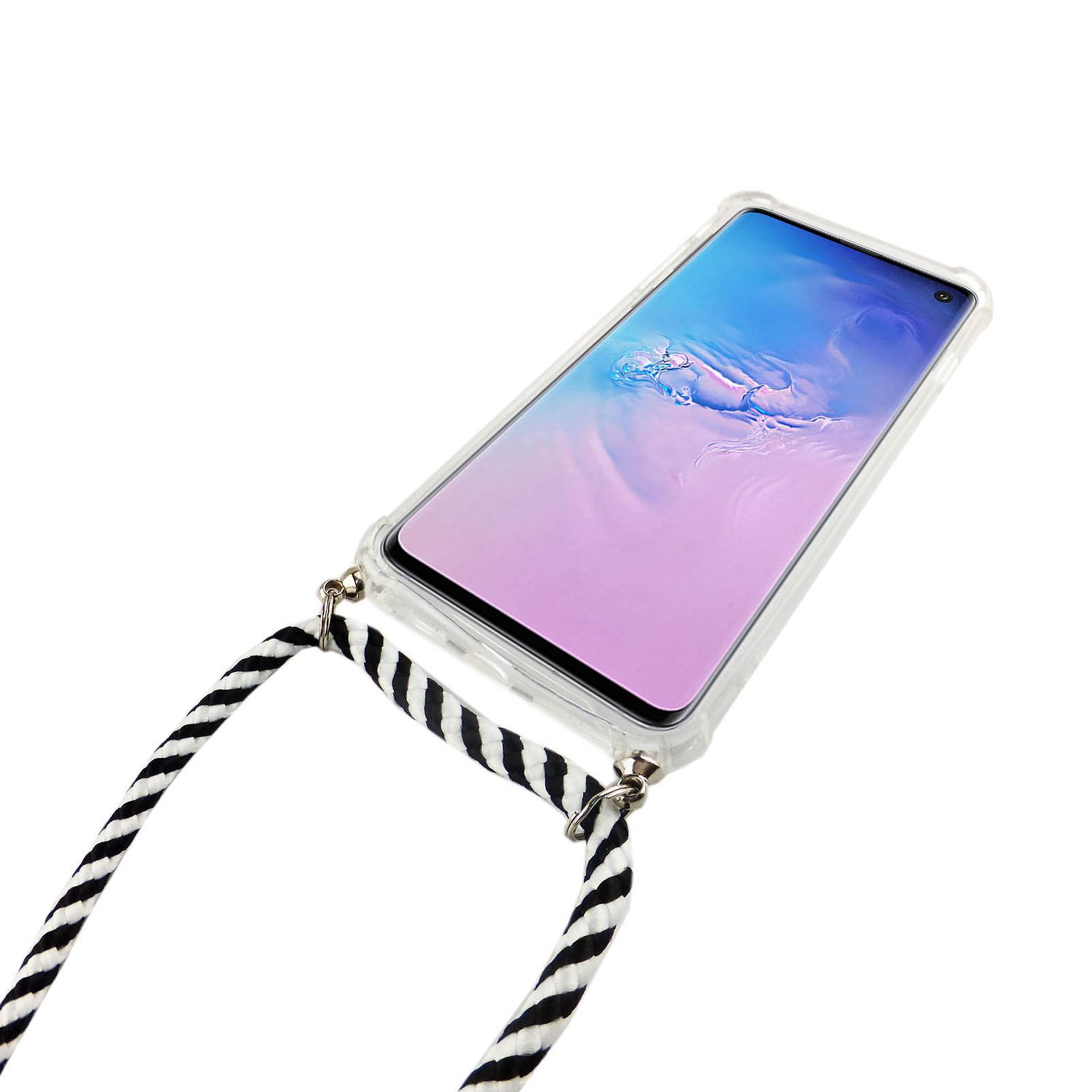 Ein Telefon mit klarer Hülle und einem Schlüsselband. Das Schlüsselband ist schwarz und weiß.