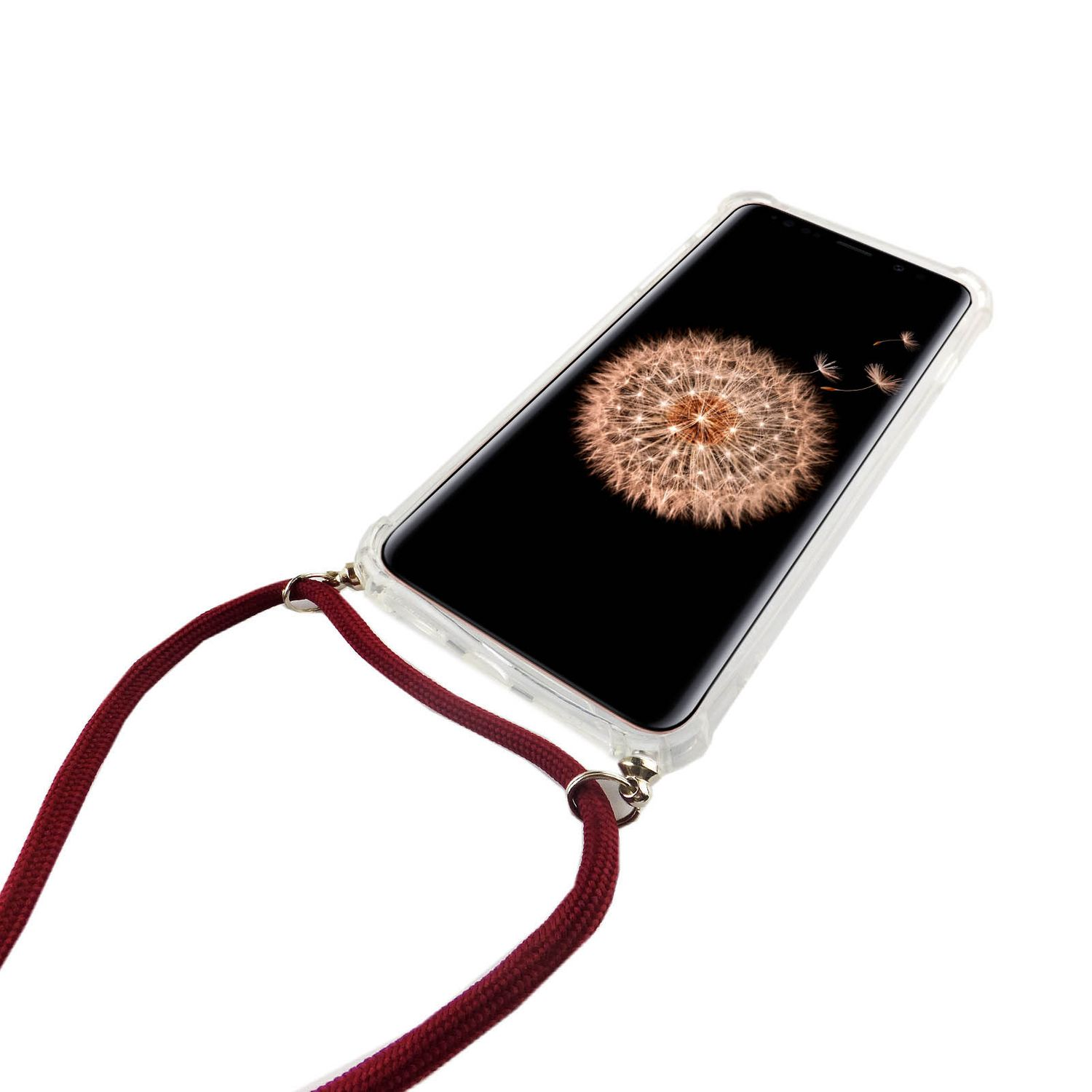 Telefon mit Riemen. Löwenzahnbild auf dem Bildschirm. Weißer Hintergrund.
