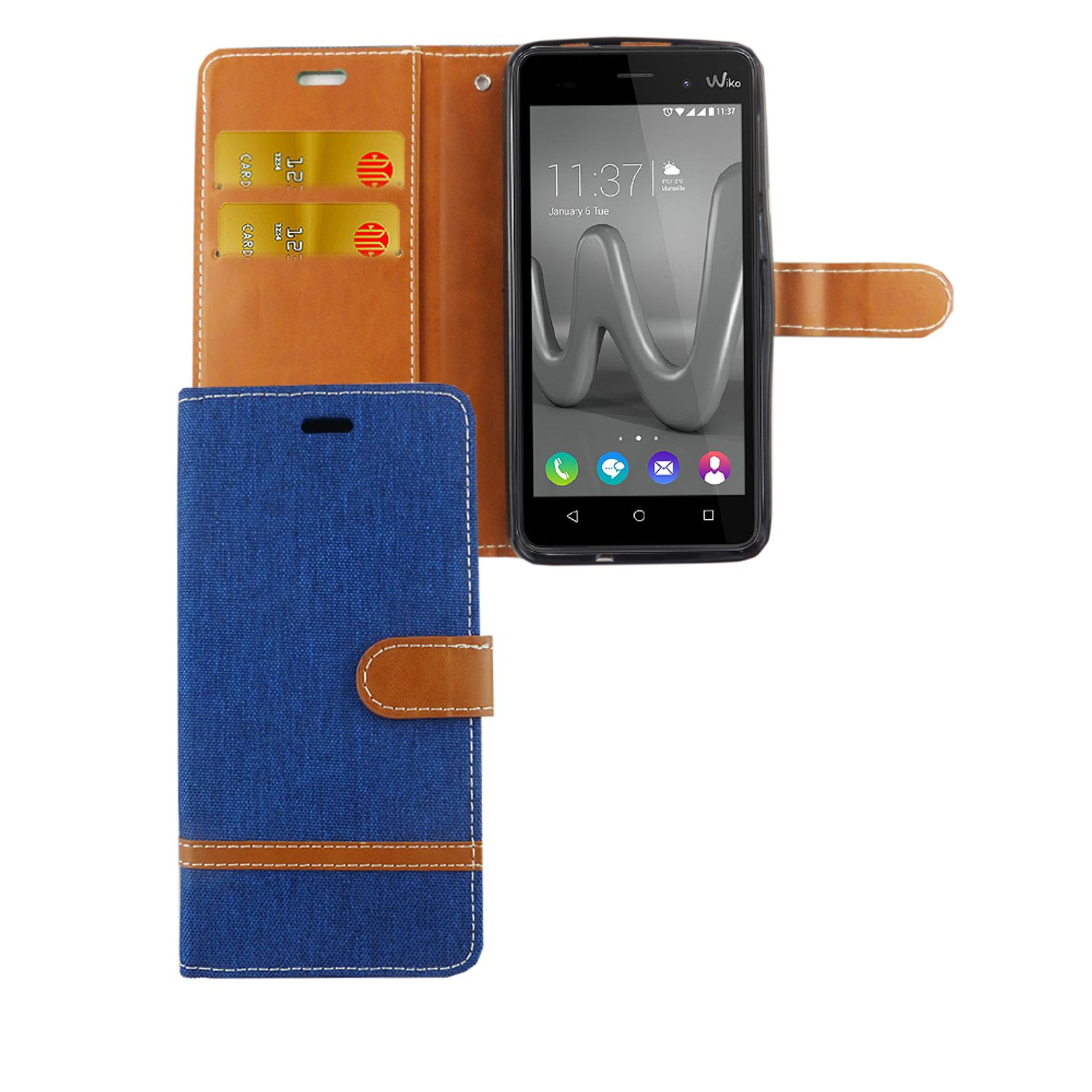 Blaue Handyhülle offen mit Karten. Das Telefon ist geöffnet und zeigt den Bildschirm. Der Hintergrund ist weiß.
