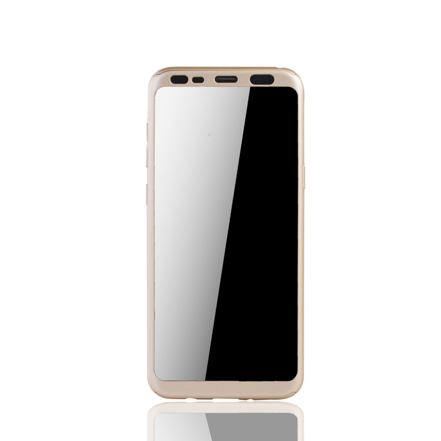 Roségoldenes Telefon mit schwarzem Bildschirm, in neutraler Umgebung.