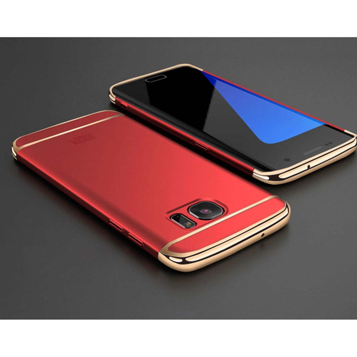 Zwei Telefone mit roten und goldenen Hüllen. Ein Telefon hat schwarzen, das andere blauen Bildschirm.