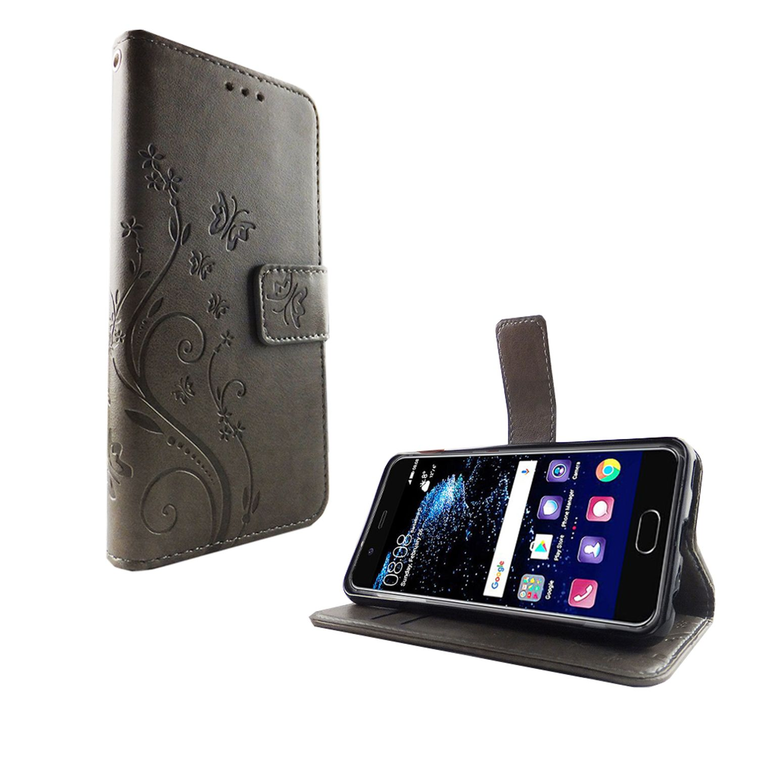 Ein Telefon in einer braunen Hülle mit floralem Muster. Die Hülle ist geöffnet, das Telefon wird angezeigt.