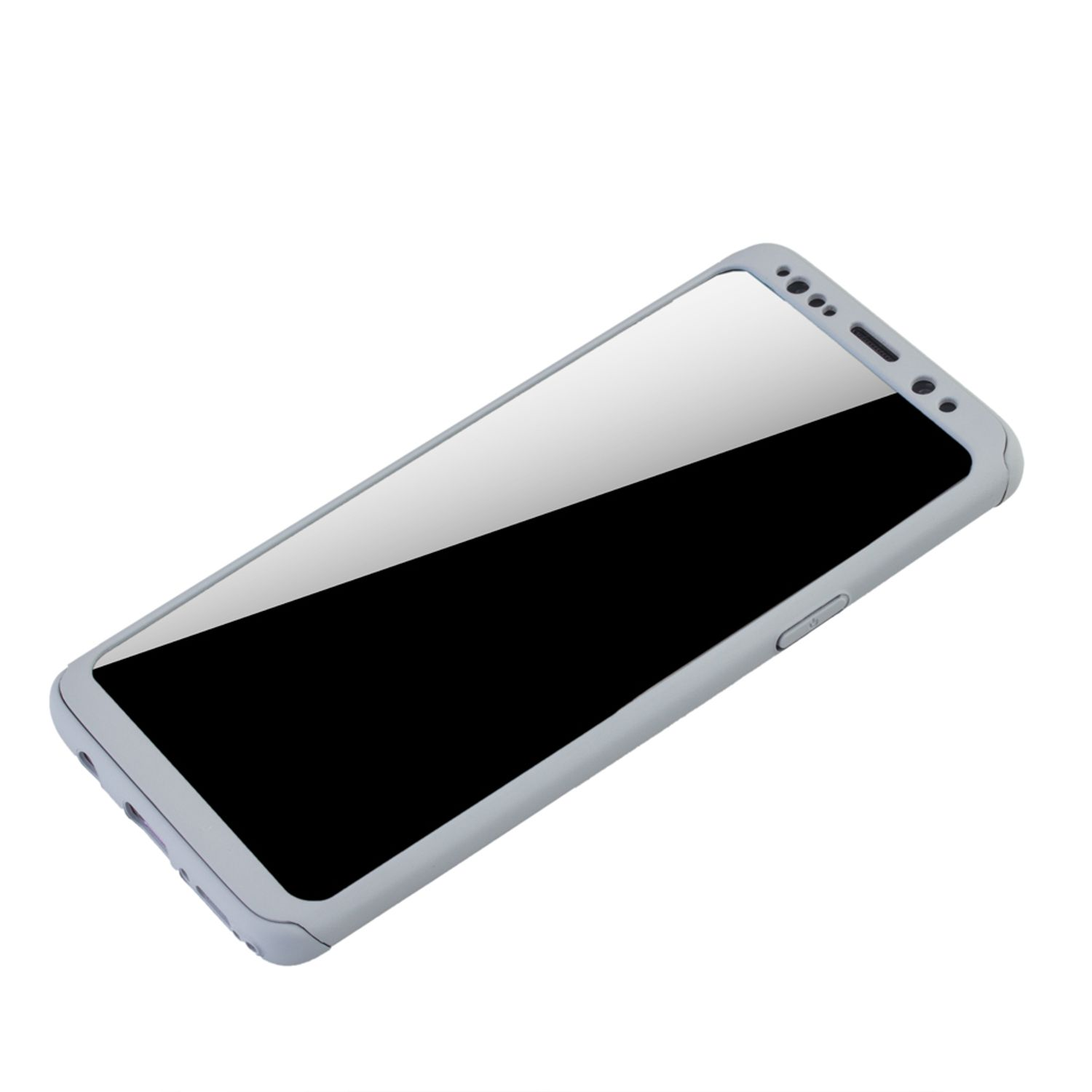 Ein Telefon in einer grauen Hülle auf Weiß. Der Bildschirm ist sichtbar und ausgeschaltet.