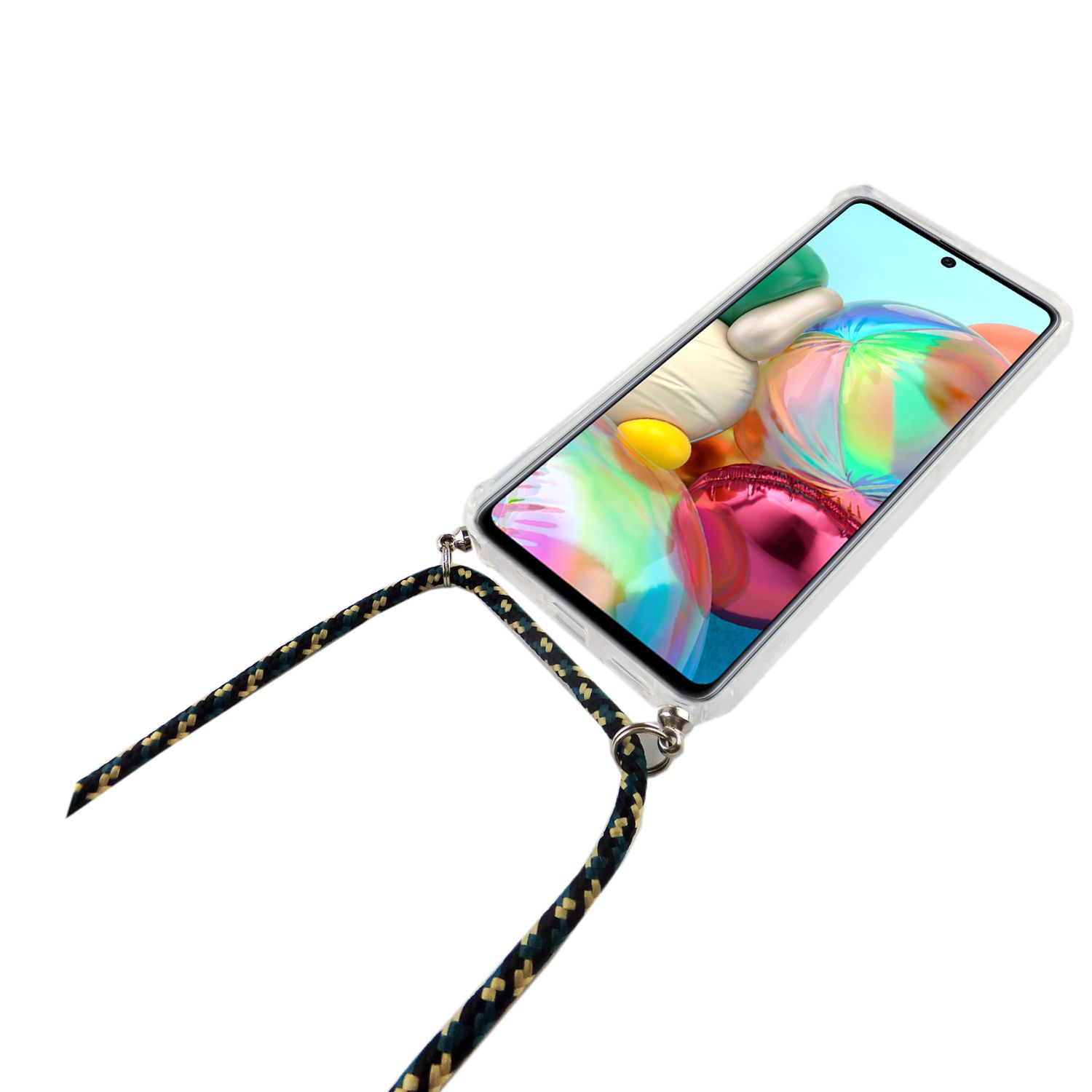 Telefon mit Riemen. Das Telefon befindet sich in einer transparenten Hülle. Bunter Hintergrund.
