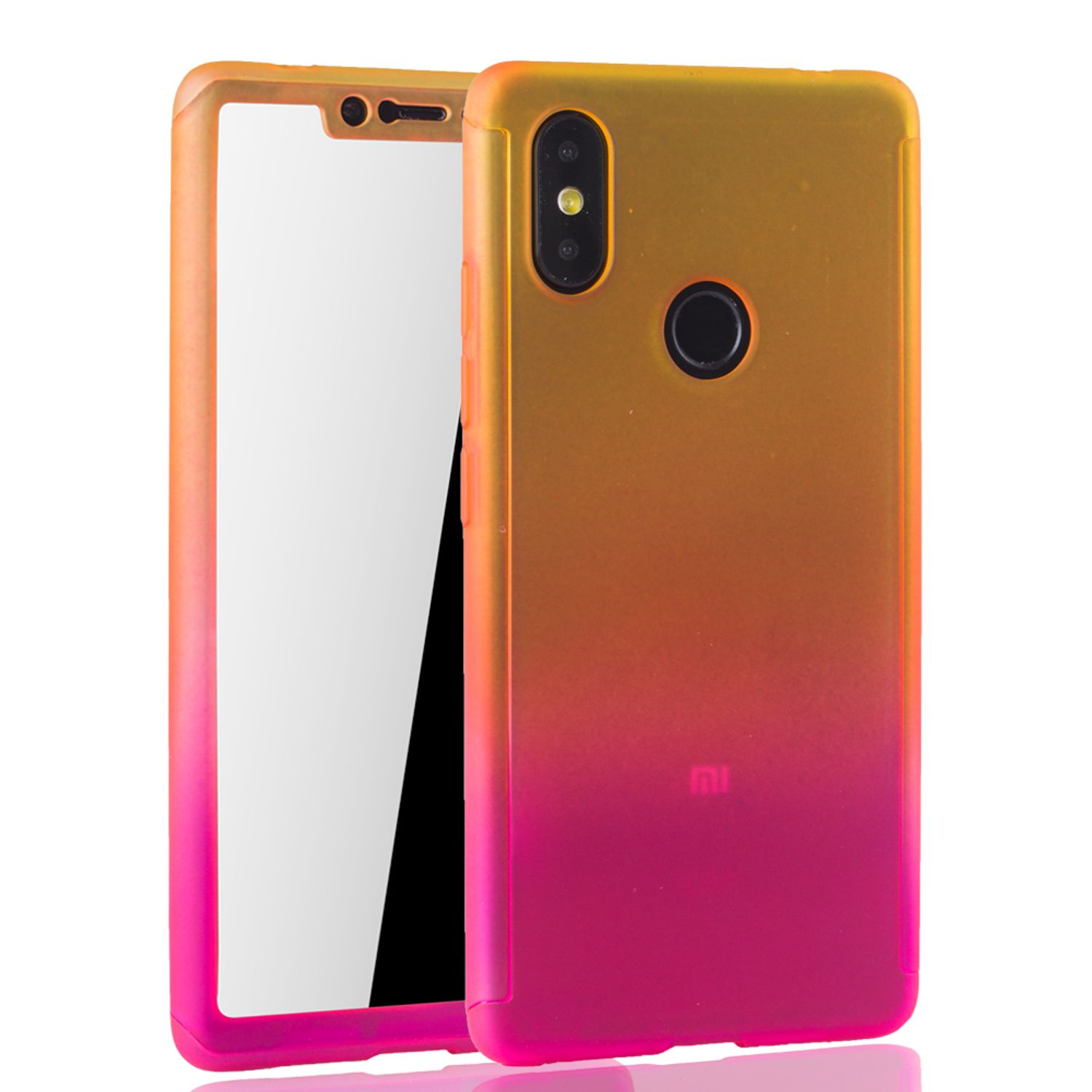 Handyhülle, Farbverlauf orange zu rosa. Telefon im Inneren. Weißer Hintergrund.