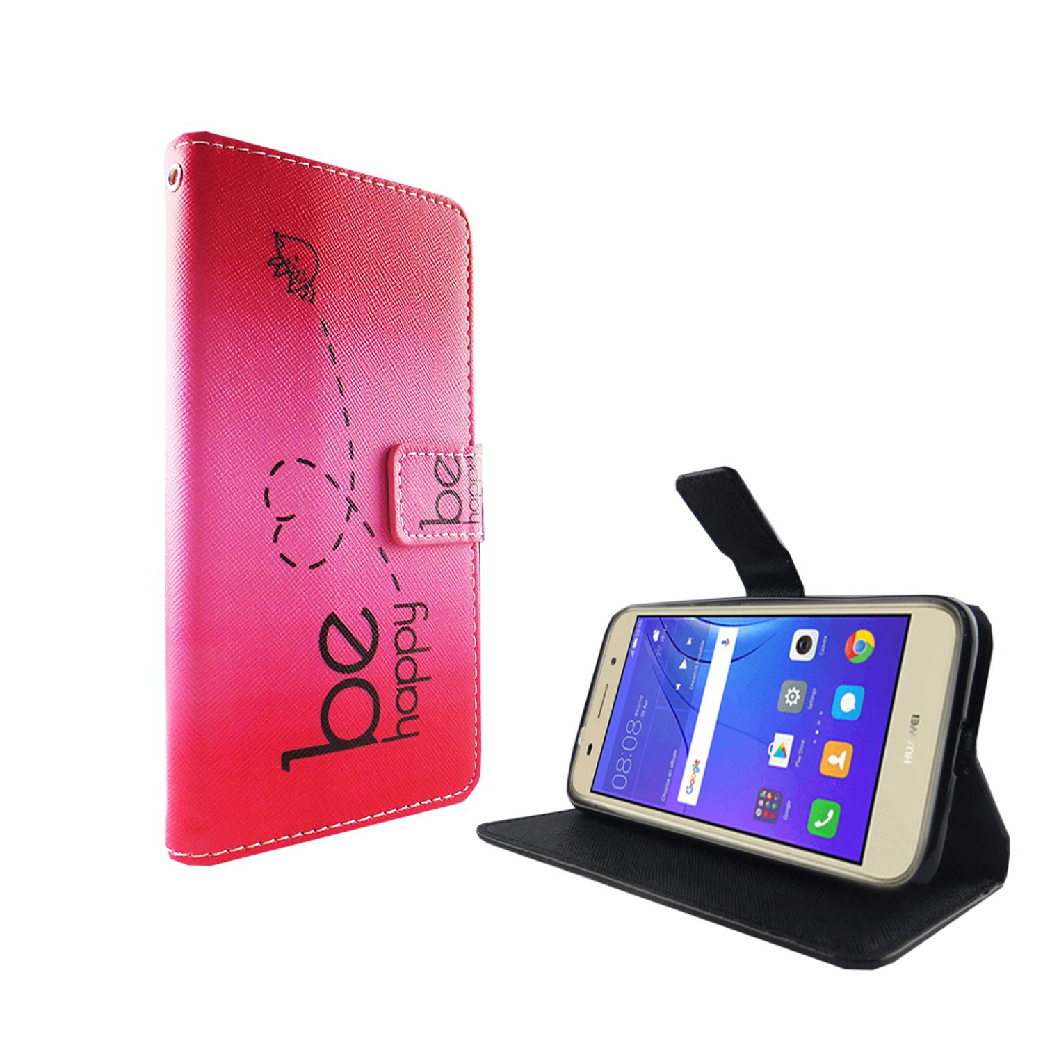 Ein Telefon in einer rosa Hülle, geöffnet mit einem Telefon, das einen Google-Bildschirm zeigt, auf weißem Hintergrund.