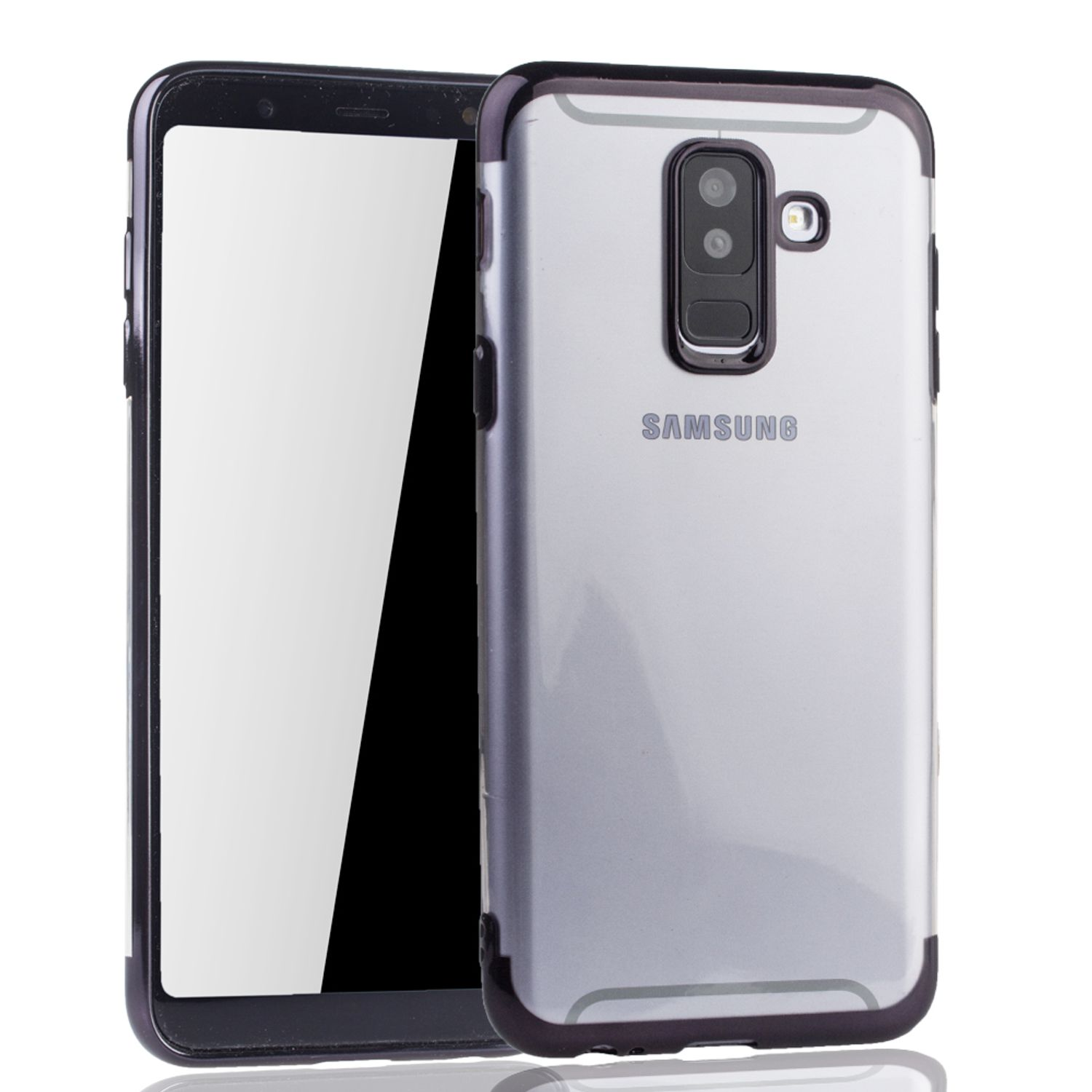 Ein schwarzes Telefon in einer transparenten Hülle. Die Hülle hat einen schwarzen Rahmen.