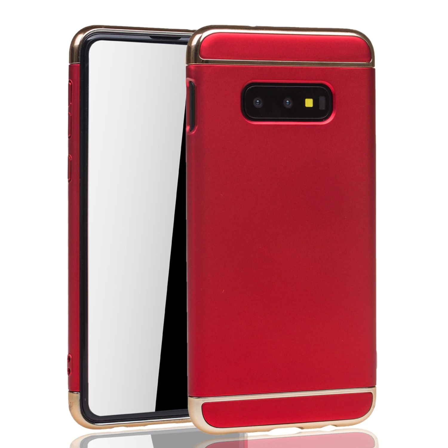 Rote Handyhülle mit einem Telefon darin. Das Telefon ist rot und hat einen goldenen Rand.