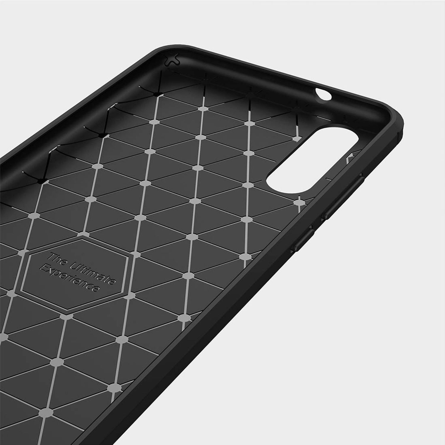 Schwarze Handyhülle mit geometrischem Muster. Der ultimative Erlebnis Text. Auf hellem Hintergrund.