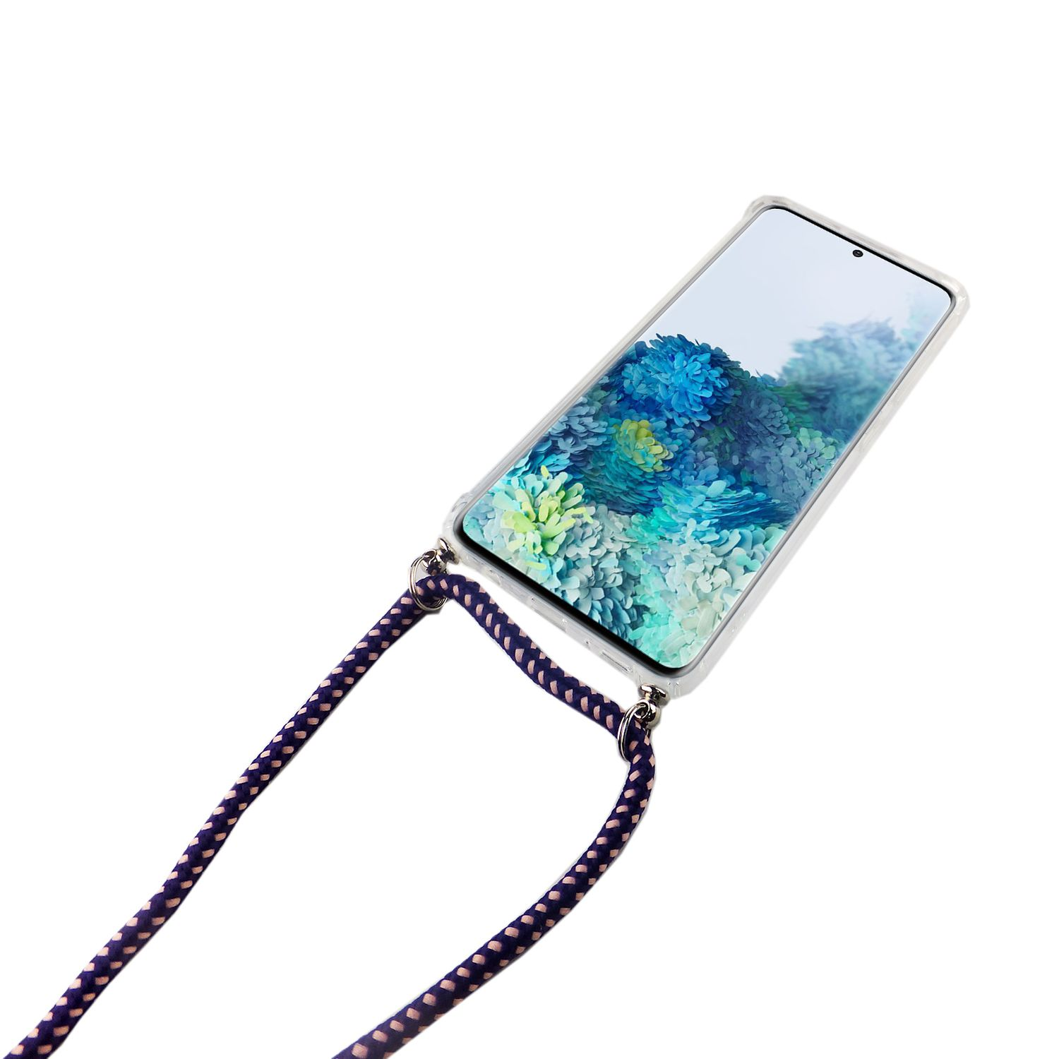 Transparente Handyhülle mit Lanyard. Das Telefon wird von der Lanyard gehalten.