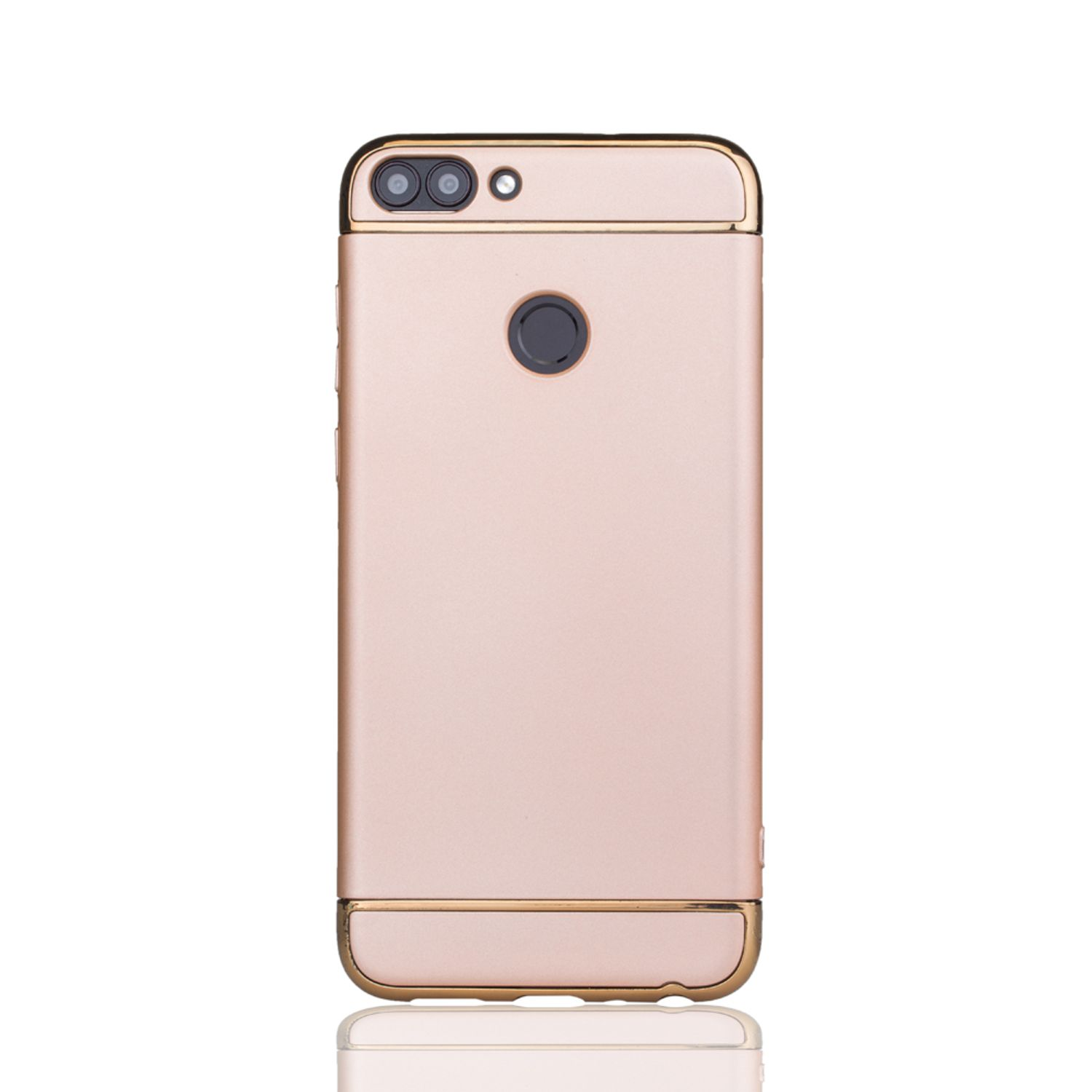 Roségoldene Handyhülle. Mit Kamera. Weißer Hintergrund.