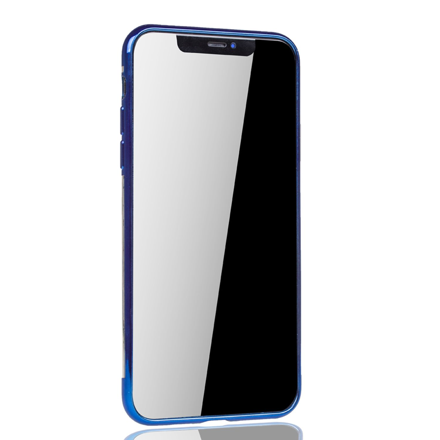 Blaue Handyhülle, Telefon darin, weißer Hintergrund, Bildschirmreflexion.