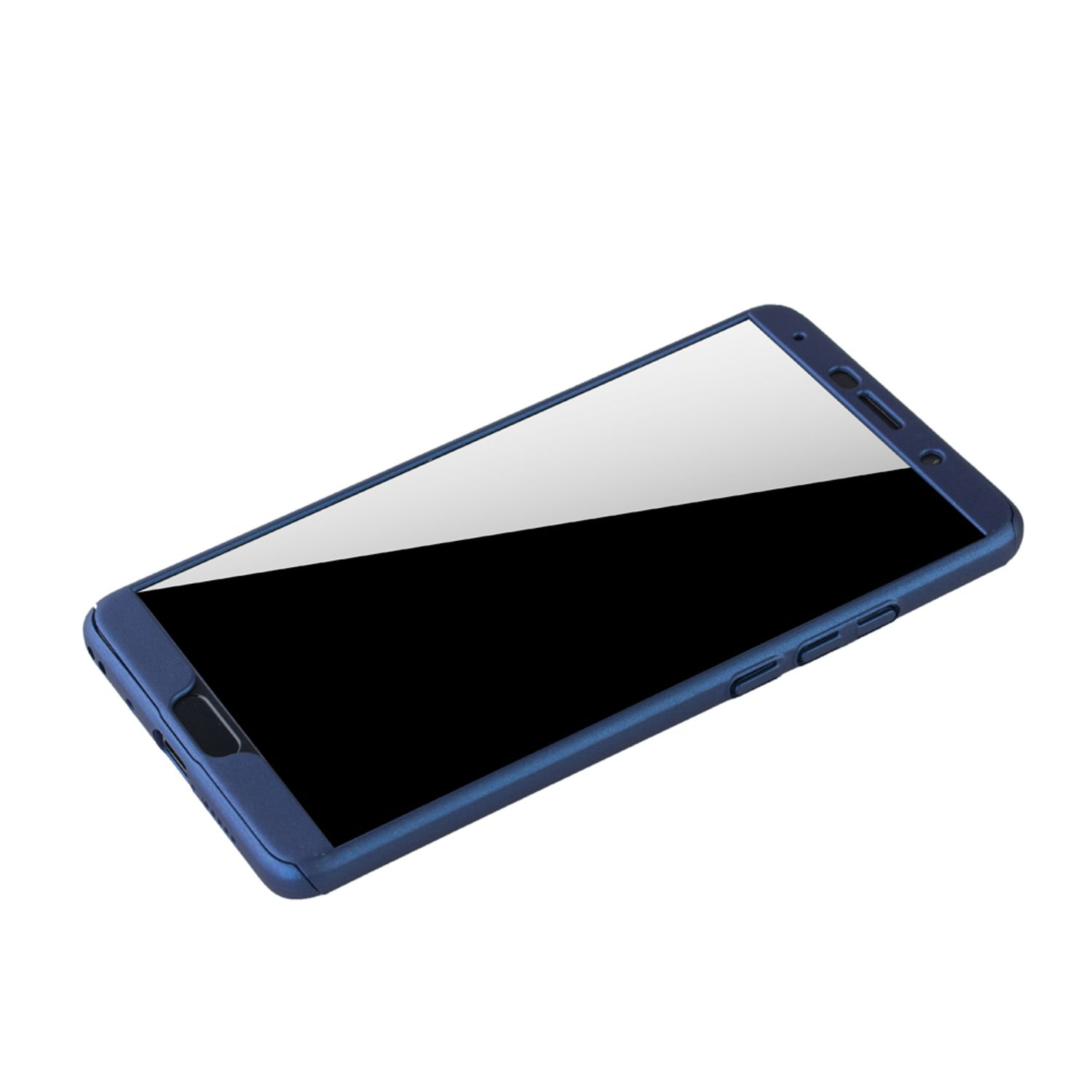 Blaue Handyhülle mit Telefon. Der Bildschirm ist sichtbar. Die Hülle liegt auf einer weißen Oberfläche.